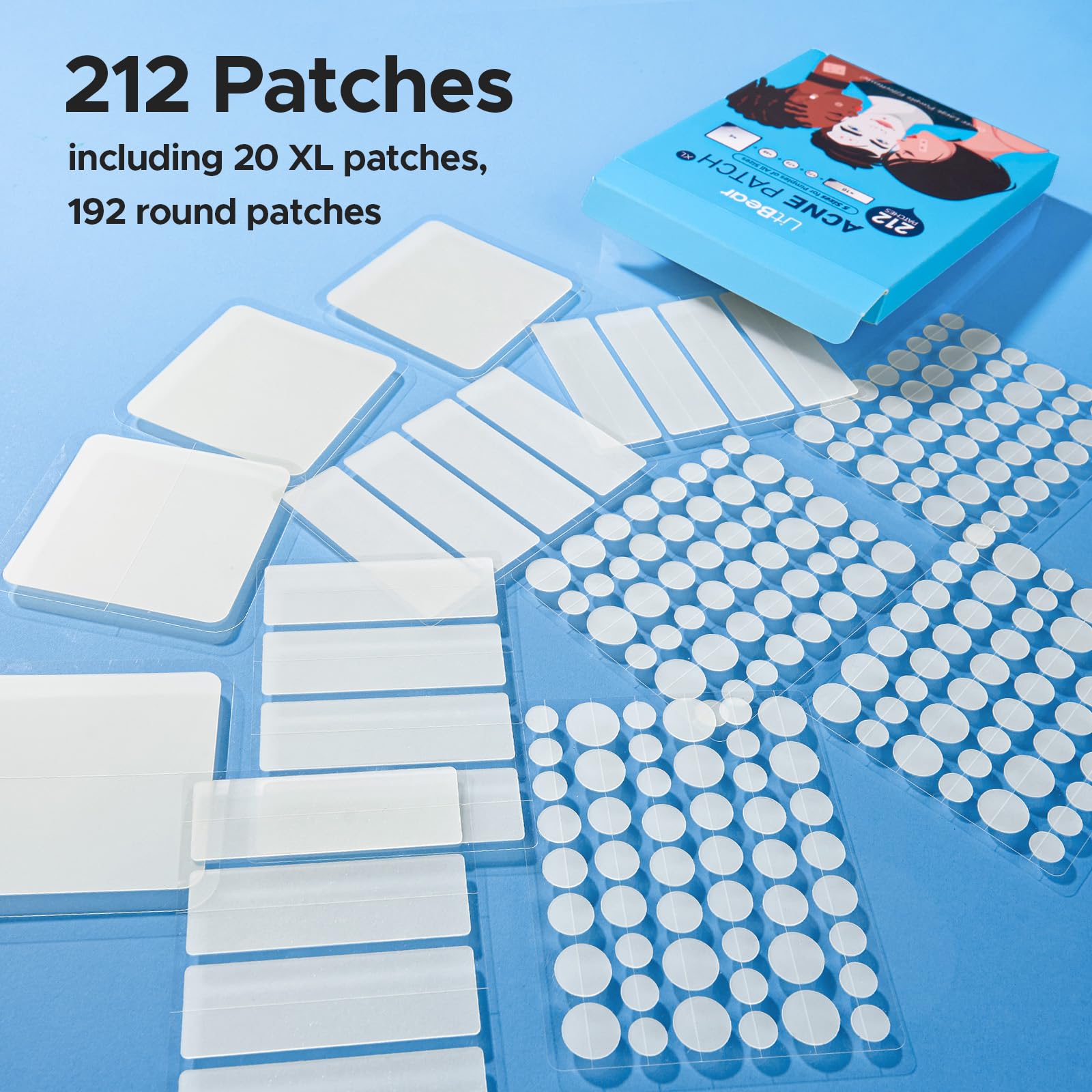 LitBear Large Pimple Patches, 5 Sizes 212 Counts Big Acne Patches for Face, Forehead, Body and Back, Hydrocolloid Bandages for Z