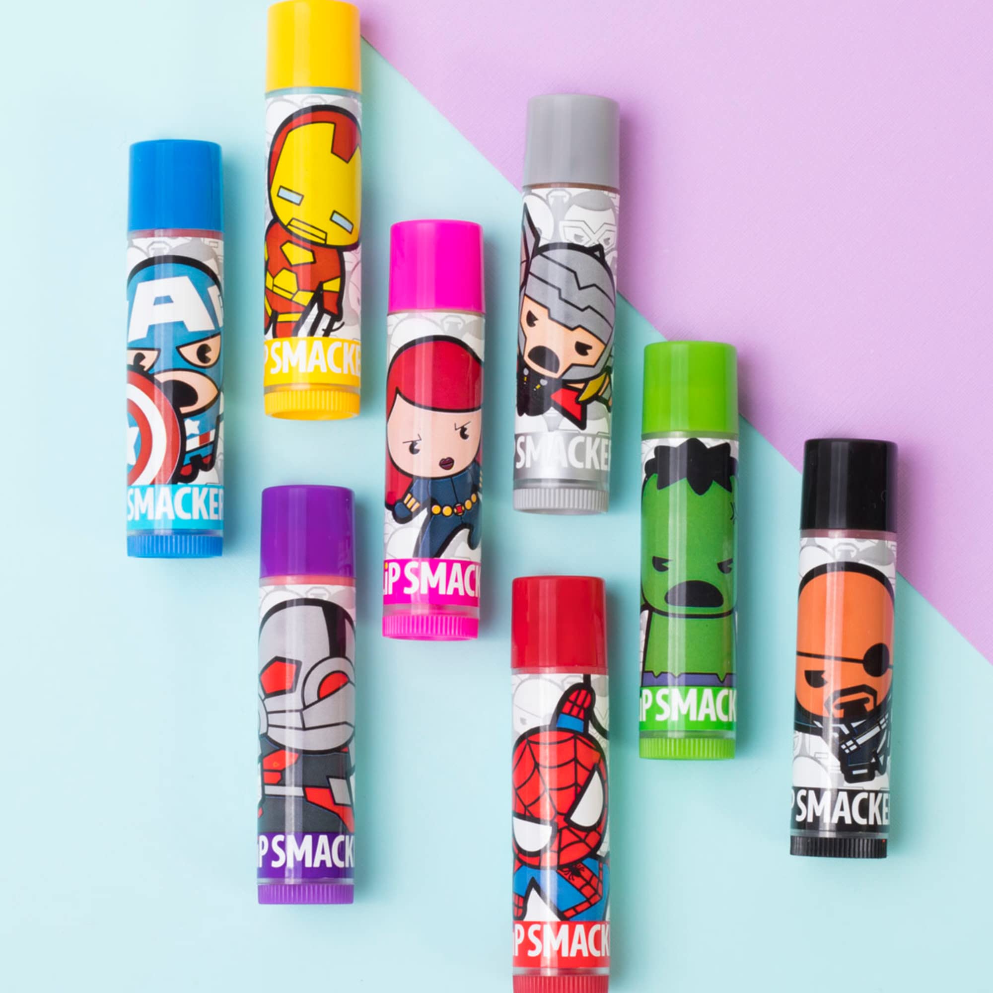 Lip Smacker Marvel Avenger Flavored Lip Balm Party Pack 8 Count, Super Hero, Spirderman, Iron Man, Captain America, Clear, For K