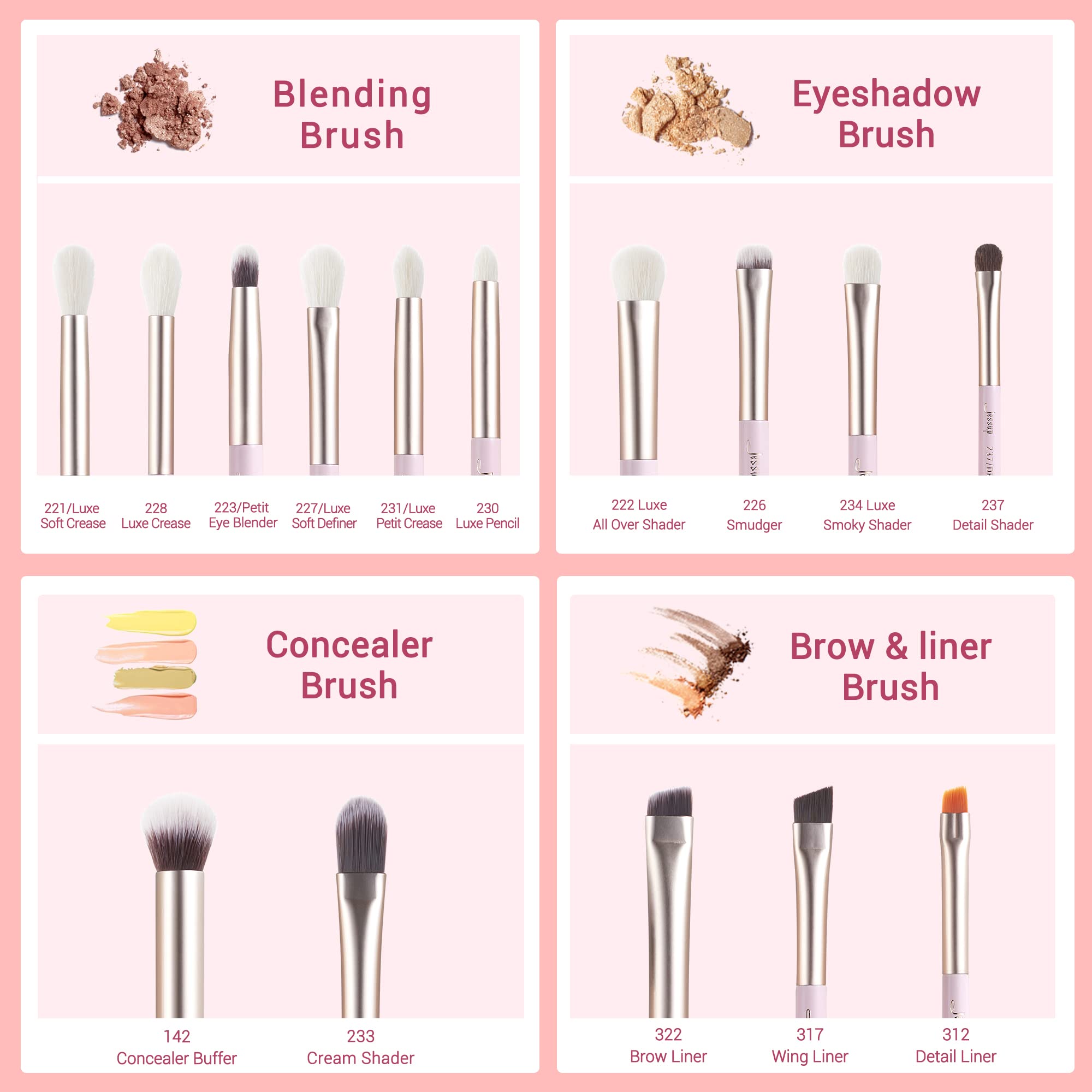 Jessup Eyeshadow Brushes 15pcs, Natural Eye Brush Set for Eyeshadow Blending Concealer Eyebrow Eyeliner, Blushing Bride T294
