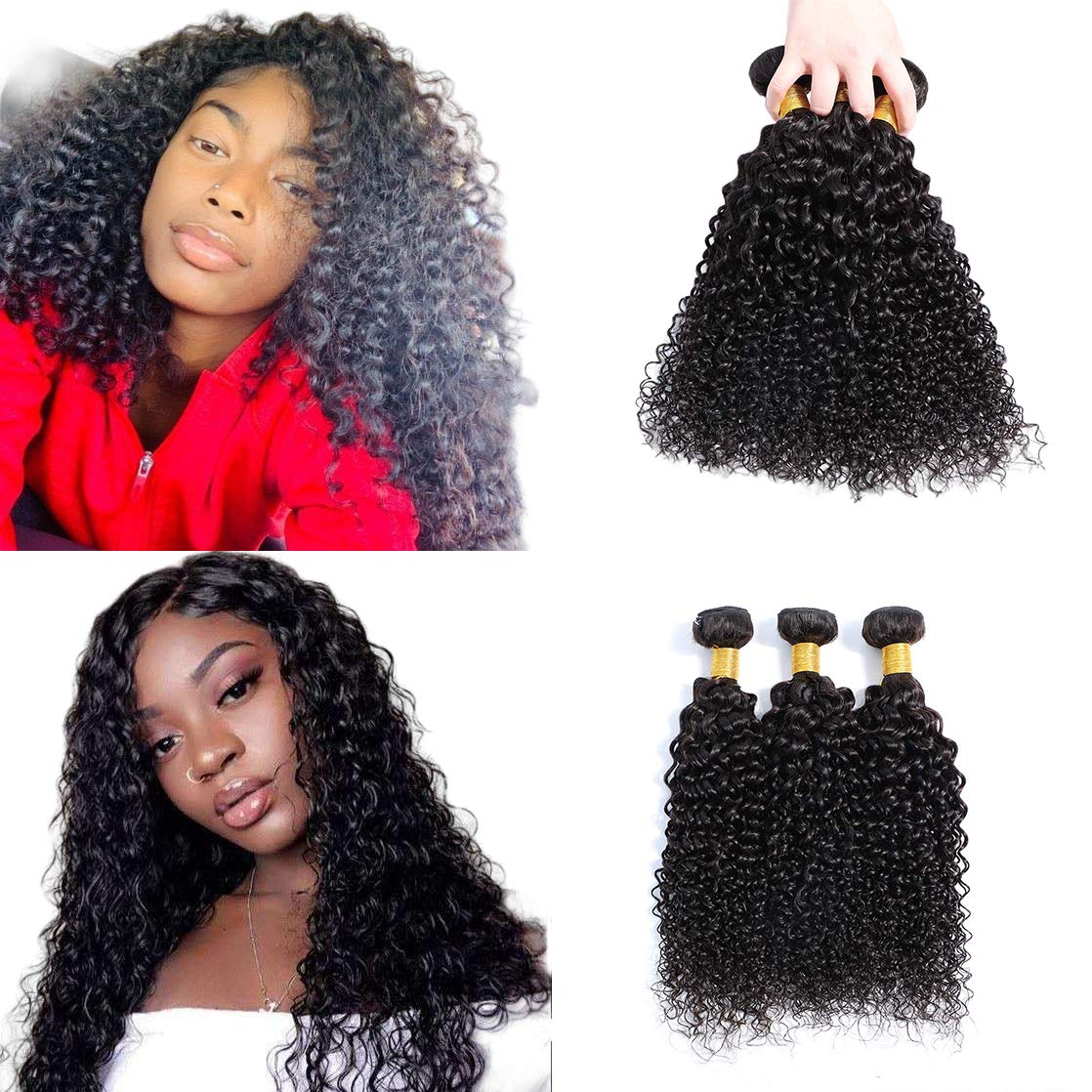 Selina 3 Kinky Curly Human Hair Bundles - 14 inch Curly Unprocessed Remy Hair Extensions, Brazilian Virgin, 100 Gram/Bundle, Nat