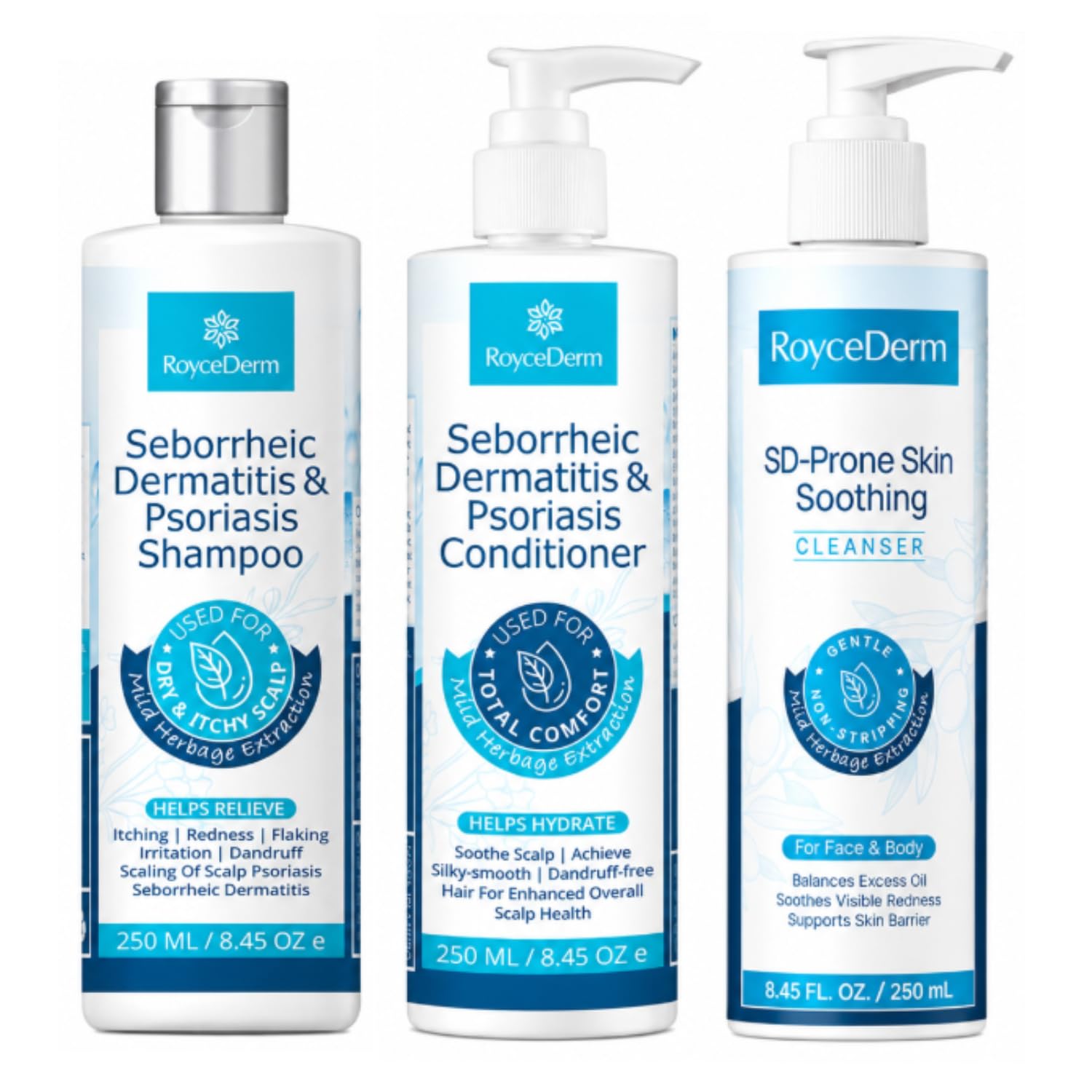 Roycederm Scalp, Hair & Skin Care Set  Shampoo, Conditioner & Foaming Face Body Wash