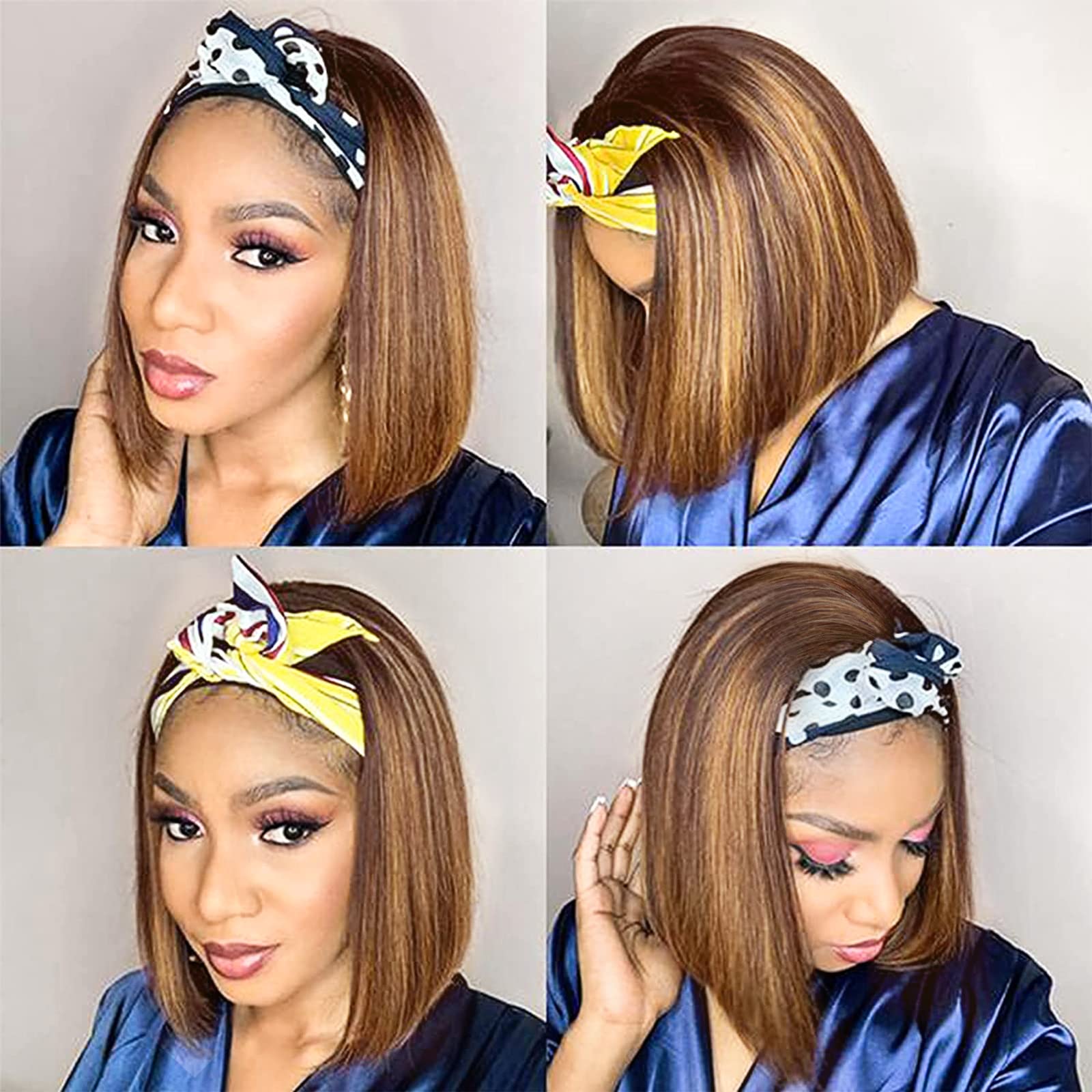 Aisi Bob Headband Wigs Human Hair Short Straight Ombre Highlight Human Hair Wigs For Black Women 150% Density Brazilian Glueless