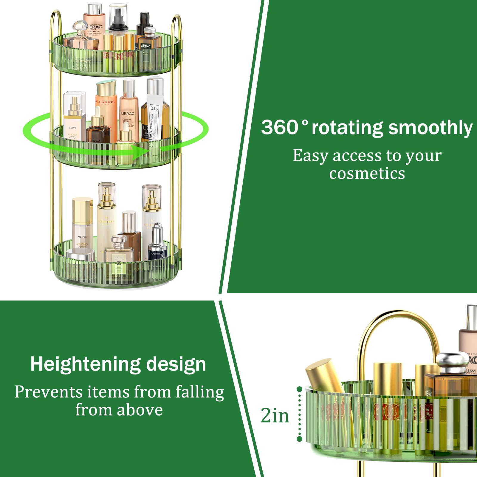 Mokani 360 Rotating Makeup Organizer for Vanity, 3 Tier Adjustable Perfume Organizer for Dresser, Multi-Function Spinning Cosmet