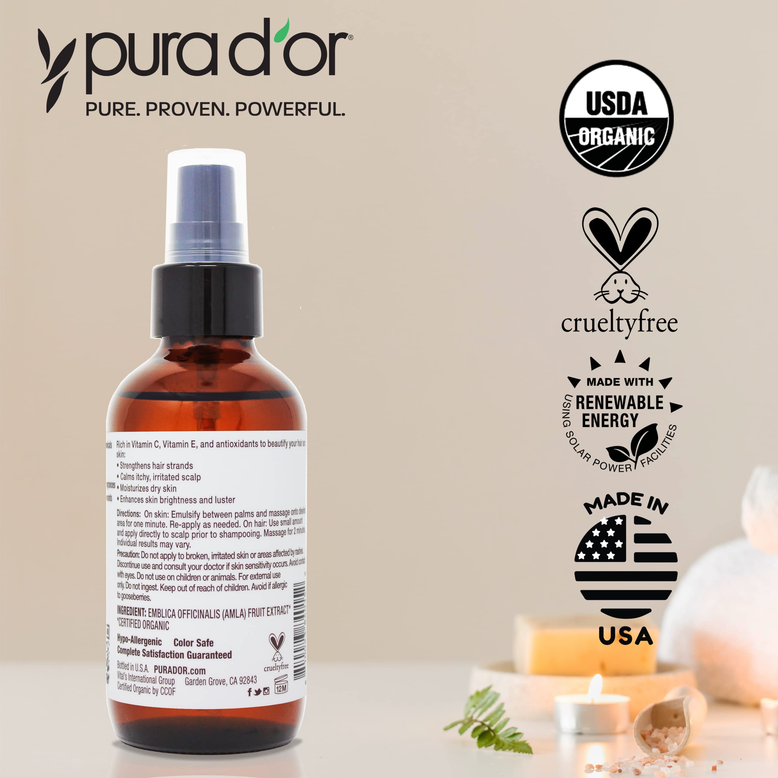 Pura D'Or 4 Oz Organic Amla Oil, 100% Pure Usda Certified Premium Grade Oil, Cold Pressed, Unrefined, Extra Virgin, Indian Hair