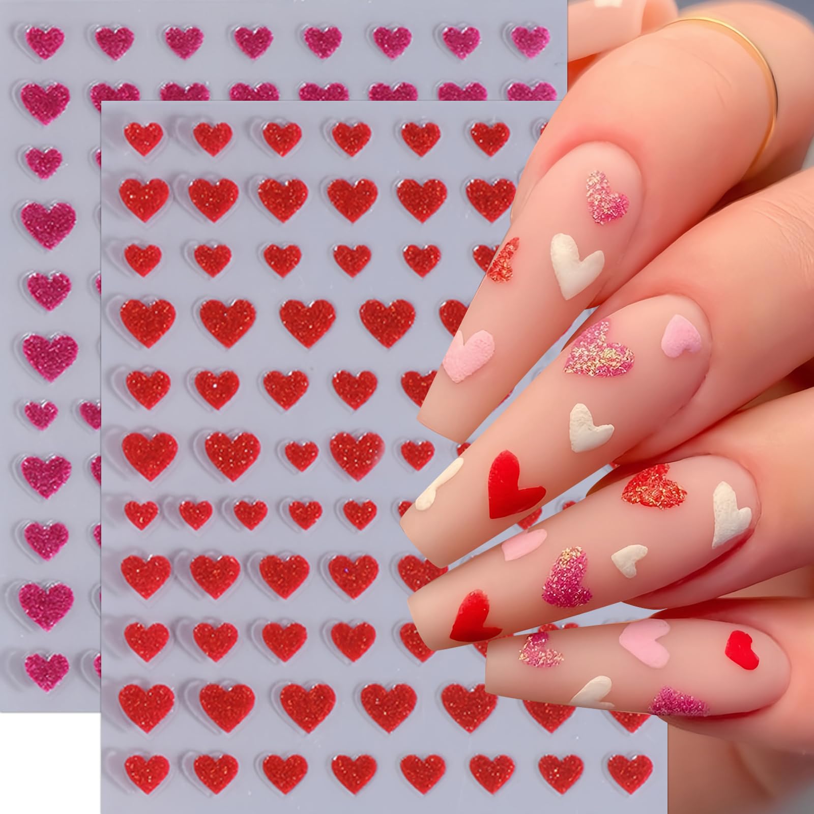 6Sheets Heart Nail Stickers Decals Shiny Love Nail Decals 3D Self Adhesive Colorful Glitter Hearts Nail Supplies Valentines Day