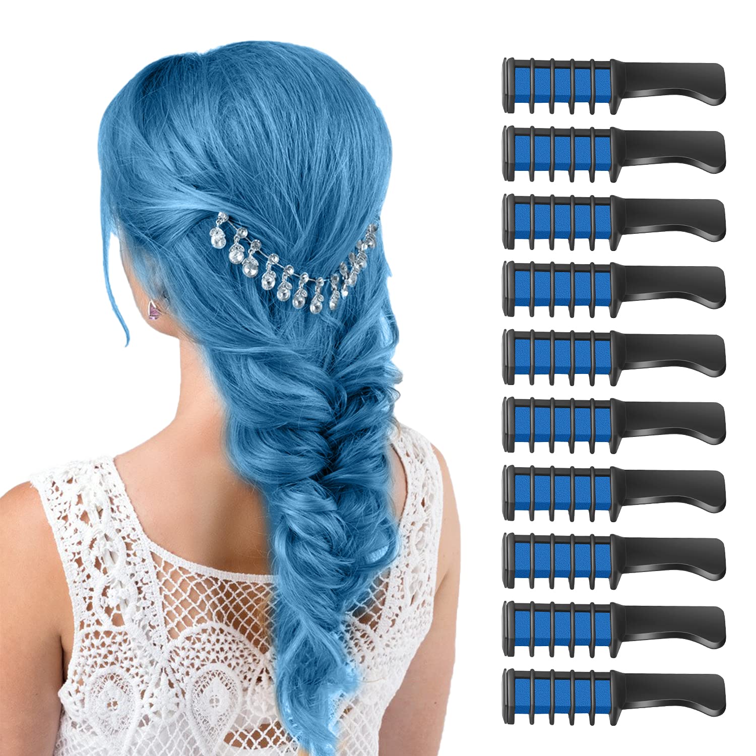 MSDADA Blue Hair Chalk for Girls - 10 Pcs New Hair Chalk Comb Temporary Bright Washable Hair Color Dye for Girls Kids - Christma