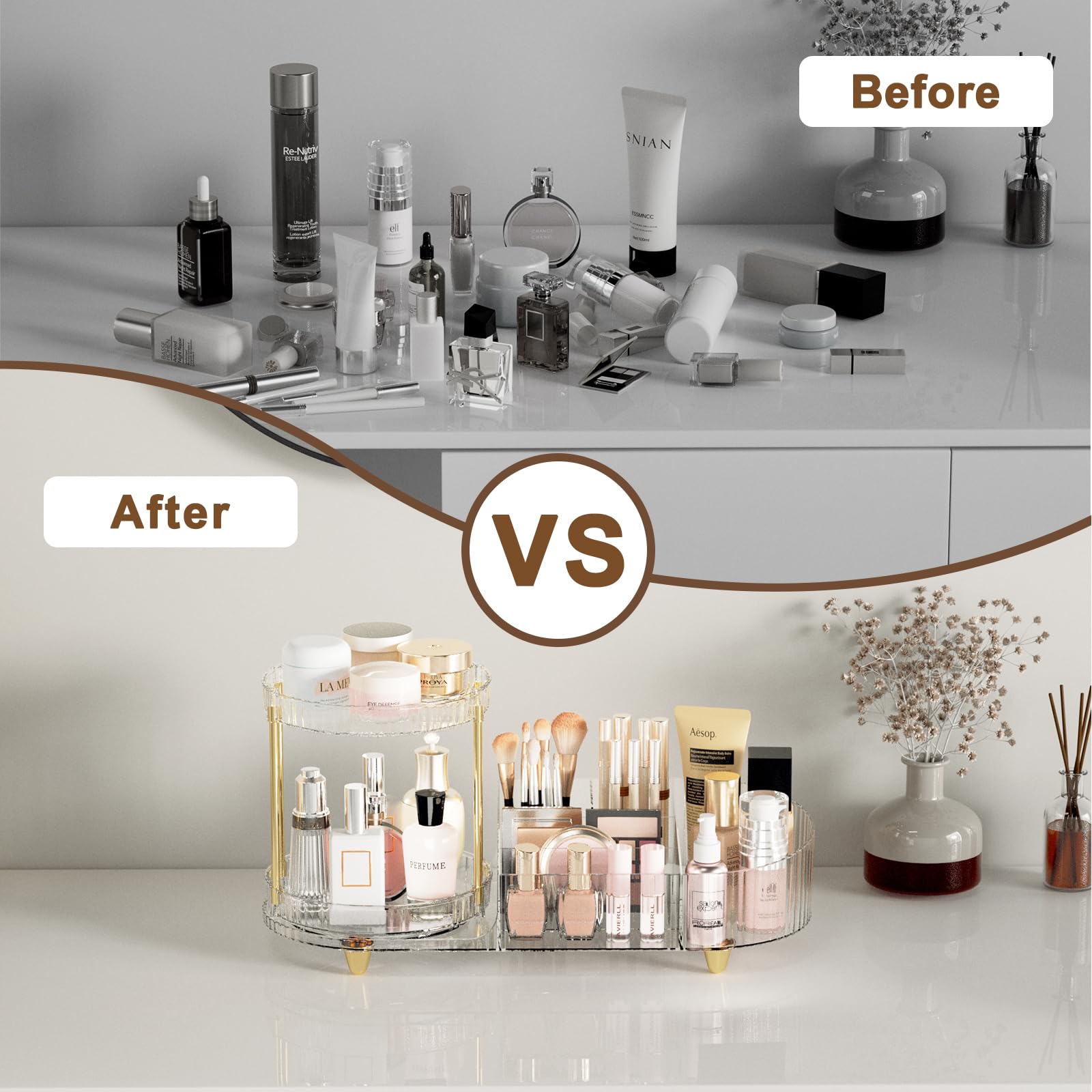 Makeup Organizer Countertop For Vanity, Rotating Perfume Tray With 5-Compartment Cosmetic And Skincare Organizers, Multi-Purpose