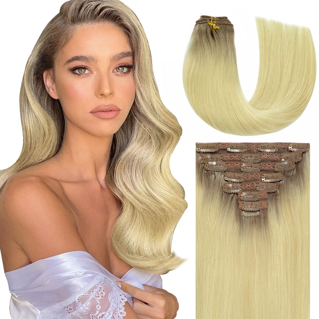 Lacer Blonde Clip in Extensions Real Human Hair Platinum Blonde with Lightest Brown Roots Human Hair Clip Ins 120G with 16 Clips
