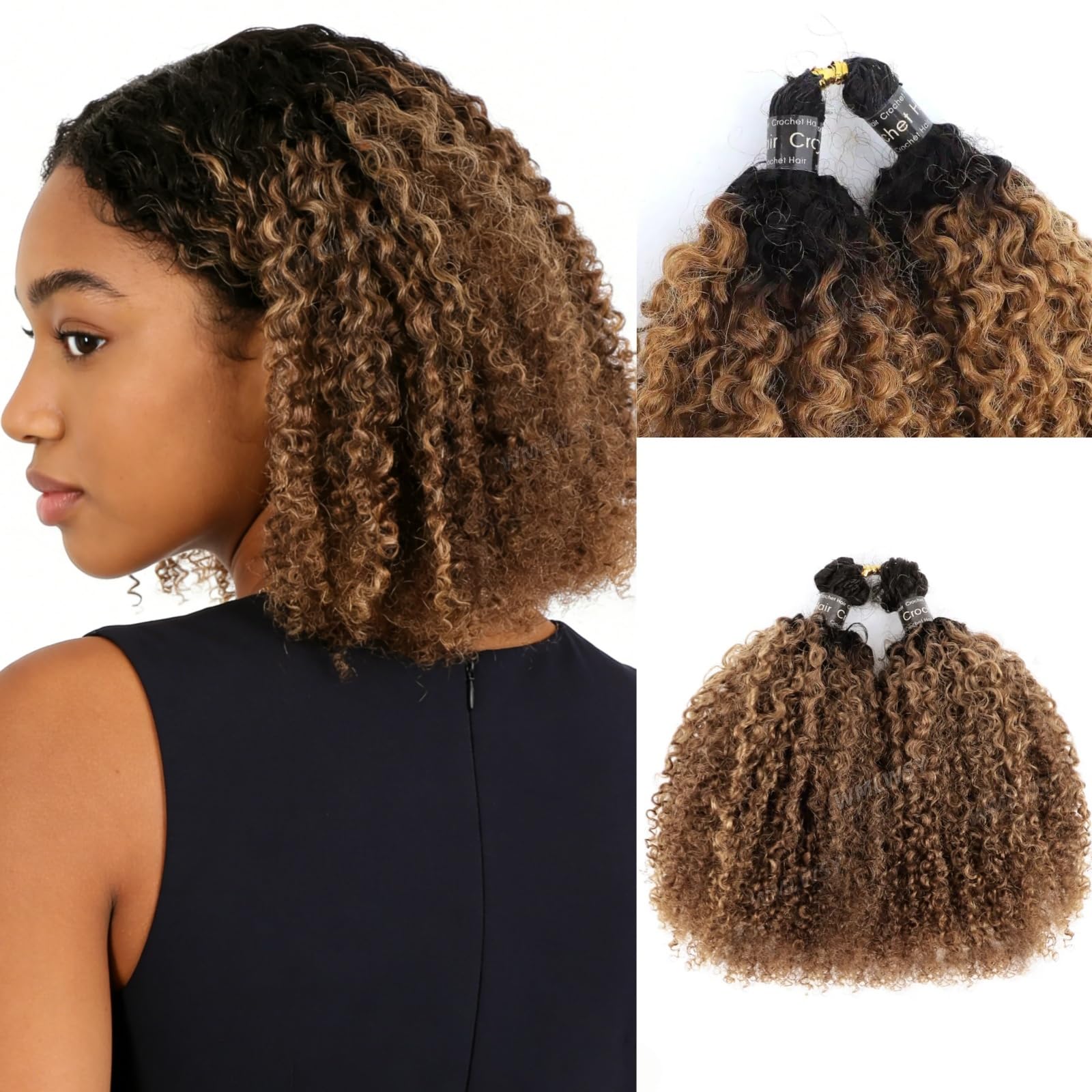 Feather Crochet Hair Extensions Afro Kinky Curly Pre Looped Crochet Human Hair Tight Curly For Black Women #T1B/30 Ombre Color 1