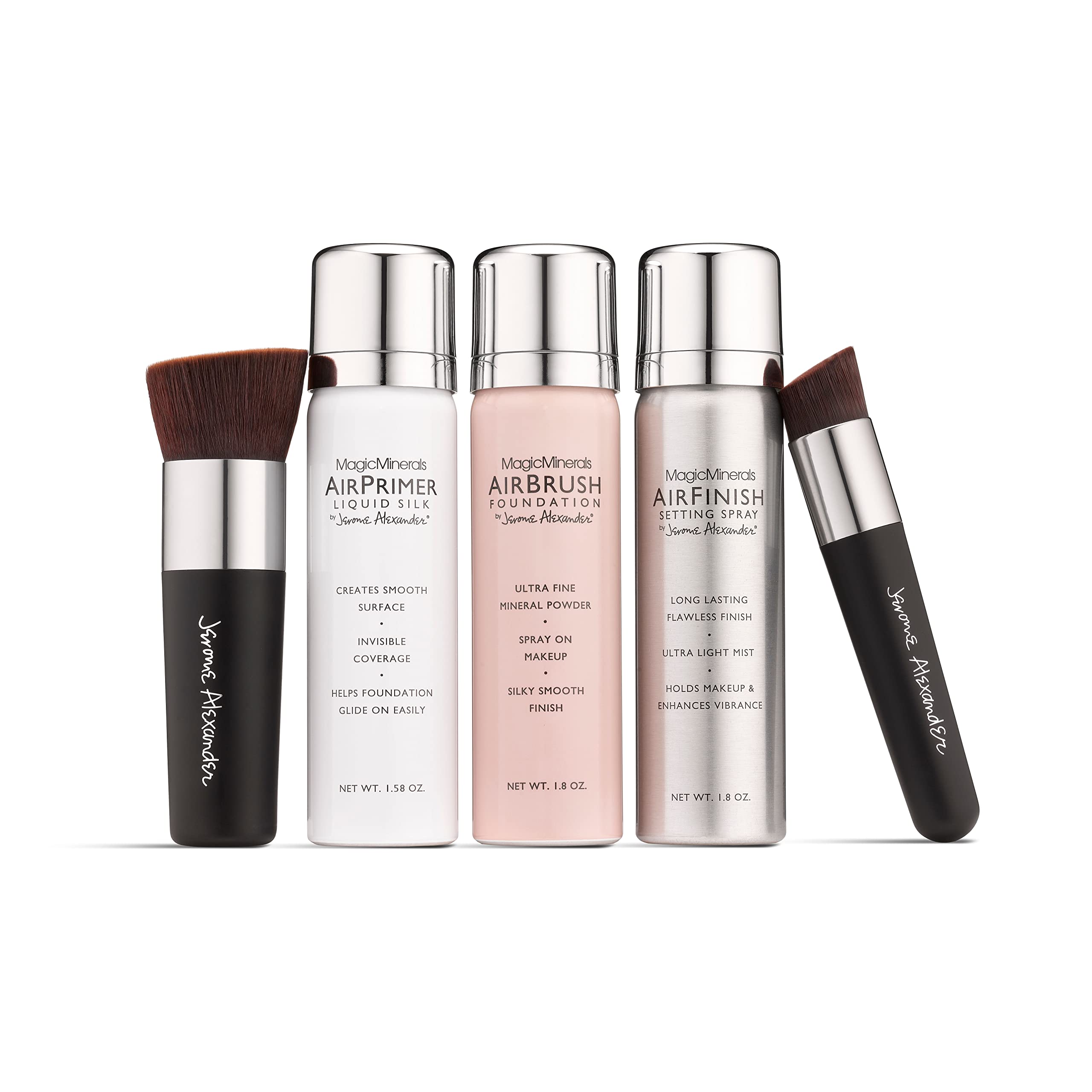 Jerome Alexander MagicMinerals AirBrush Foundation, Light Medium, 5pc Set - AirBrush Spray Kit with Kabuki Brushes for Smooth Ra