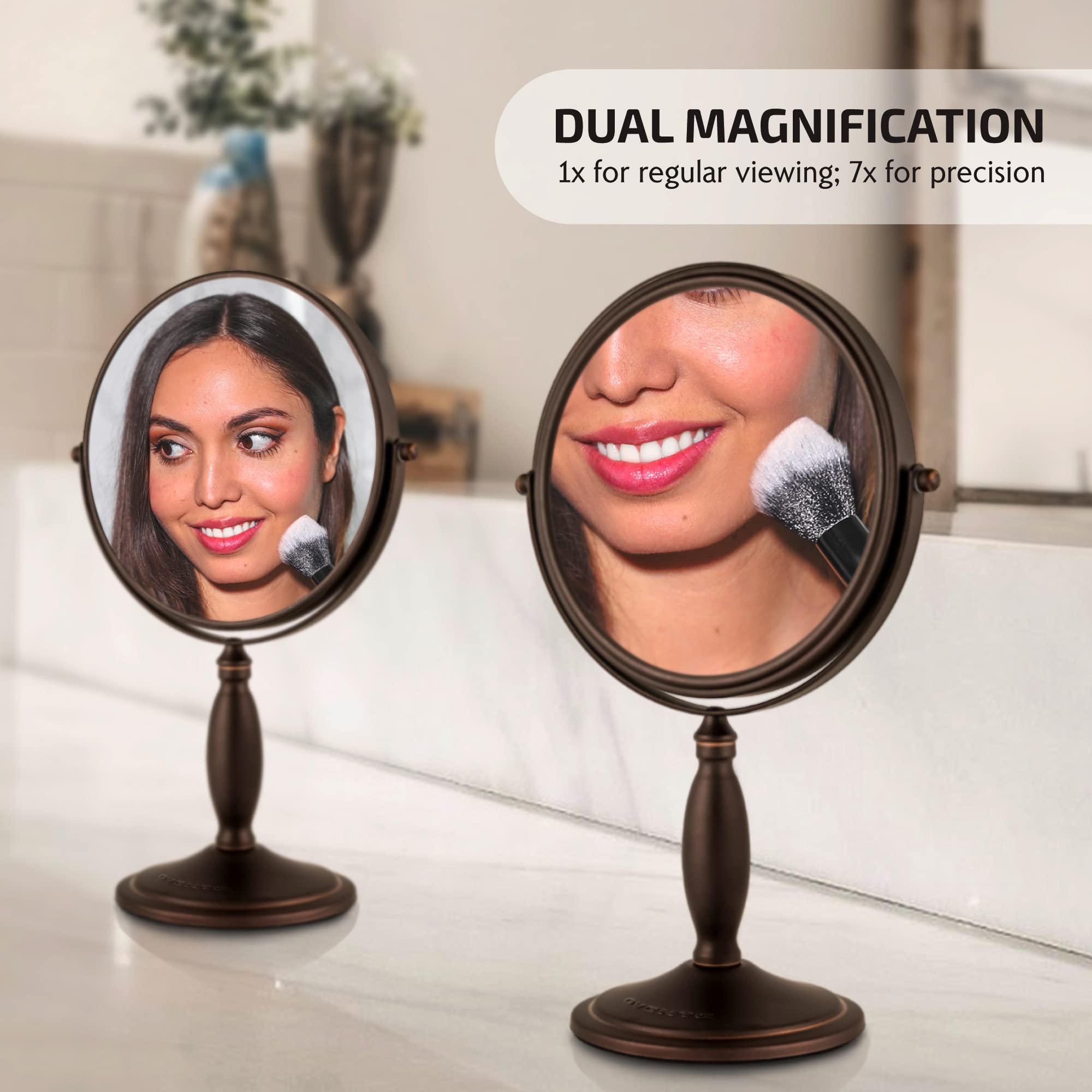 Ovente 8'' Tabletop Makeup Mirror, 1X & 7X Magnification, Adjustable Spinning Double Sided Round Magnifier, Modern D?Or For Offi
