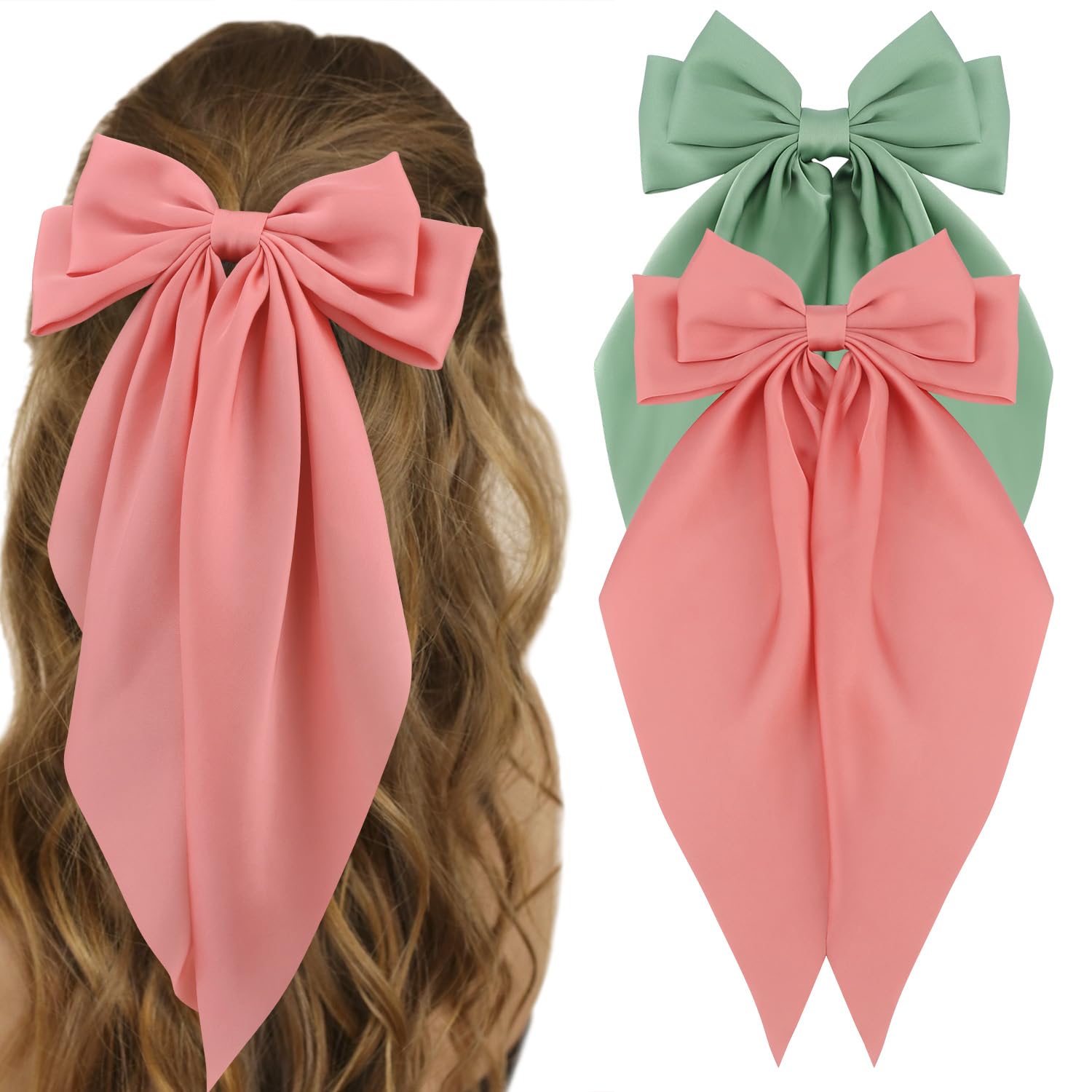 ATODEN Silky Satin Hair Bows 2Pcs Green Pink Big Hair Bows Hair Ribbons Oversized Long Tail Bow Hair Clips Large Hair Ribbon Bar