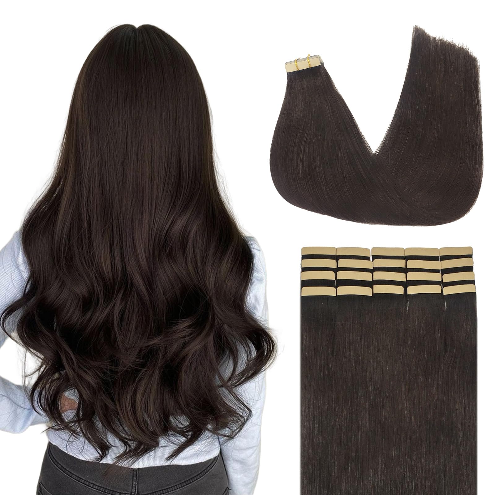 Lashey Tape In Hair Extensions Human Hair Straight Dark Brown Tape In Hair Extensions 14 Inch Natural Remy Human Hair 20Pcs 50G/