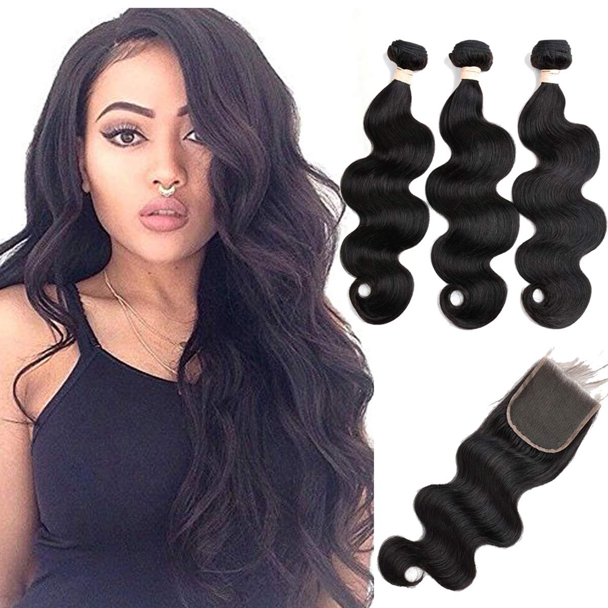 Beauhair Body Wave Human Hair Bundles with Closure 18 20 22 with 18Closure 8A Brazilian 100% Unprocessed Brazilian Virgin Hair B