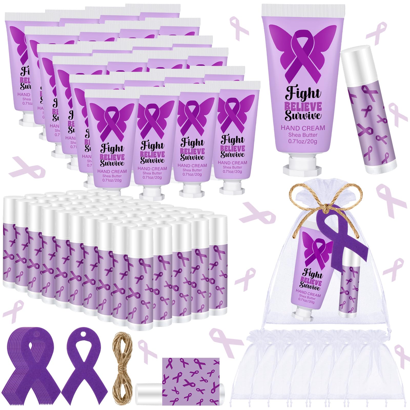 Heigble 50 Set Purple Ribbon Awareness Gifts Bulk Woman Purple Ribbon 50 Lip Balm 50 Hand Cream 50 Bag 50 Tag for Domestic Viole