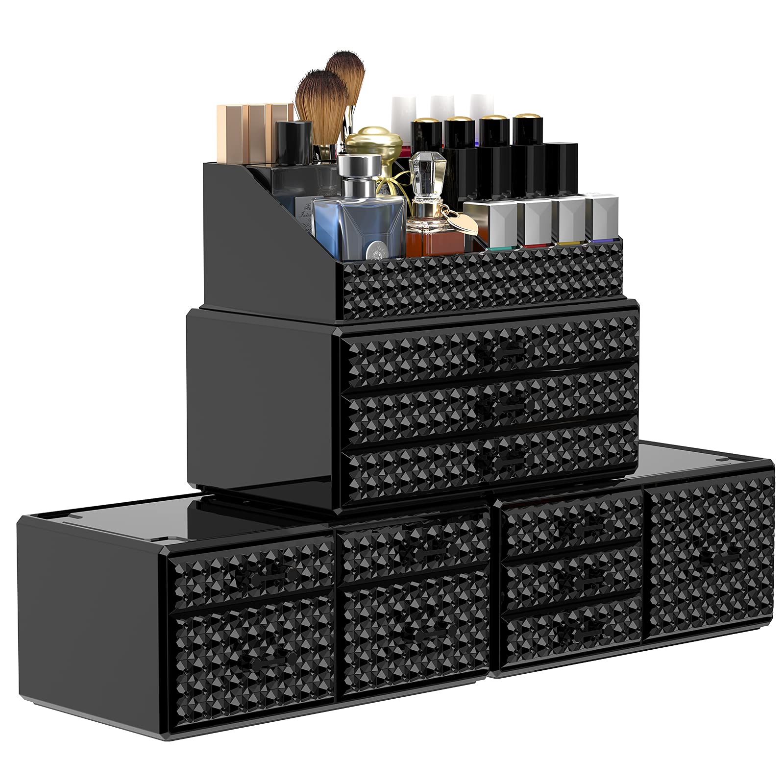 Awenia 4 Pack Stackable Makeup Organizer[Upgraded],Acrylic Cosmetics Storage Cases with 11 Drawers Perfume Organizers For Brush 