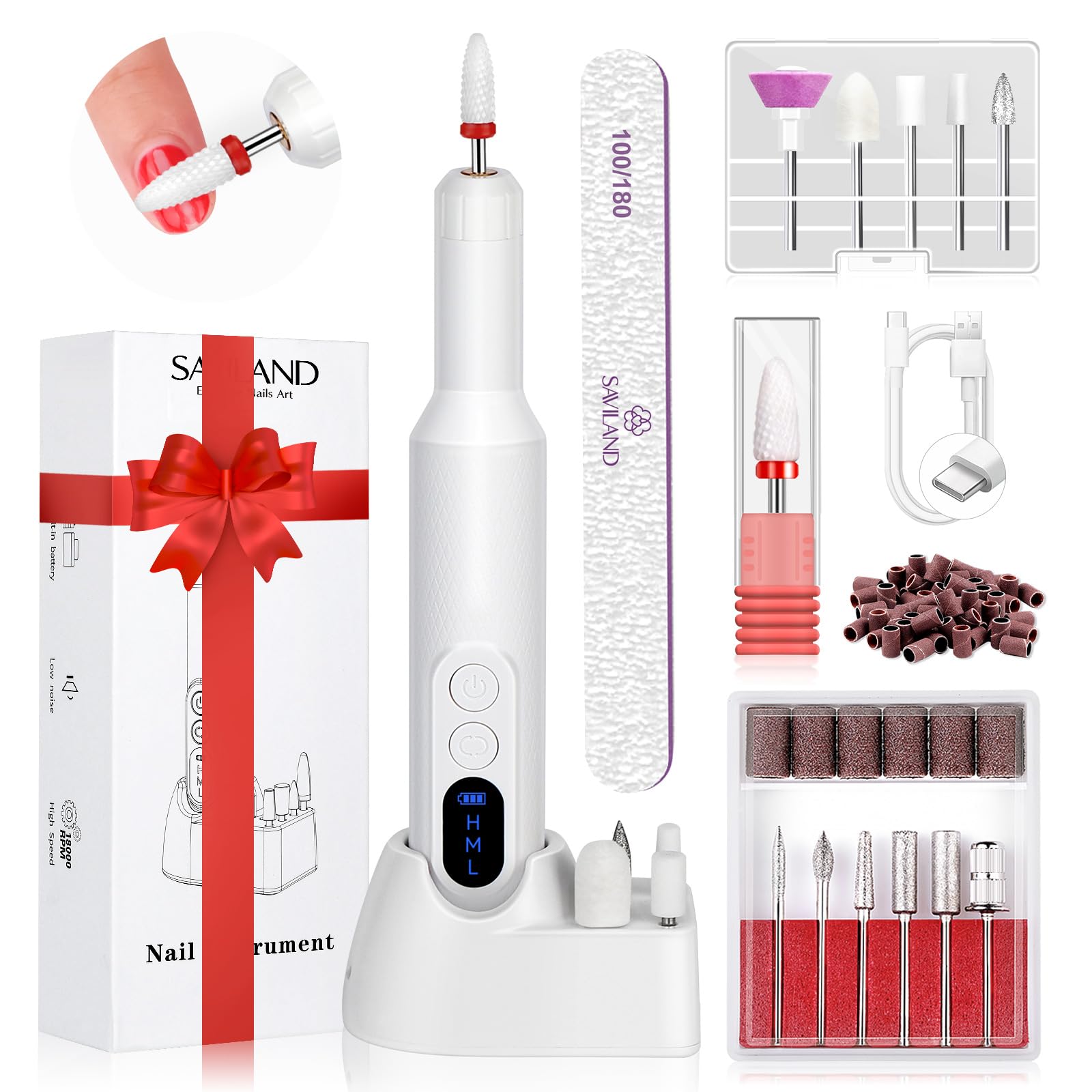 SAVILAND Electric Nail File: 2024 Flawless White Nail Drill PRO&Portable with12 Basic Nail Drill Bits| Nail Art Faster Removal