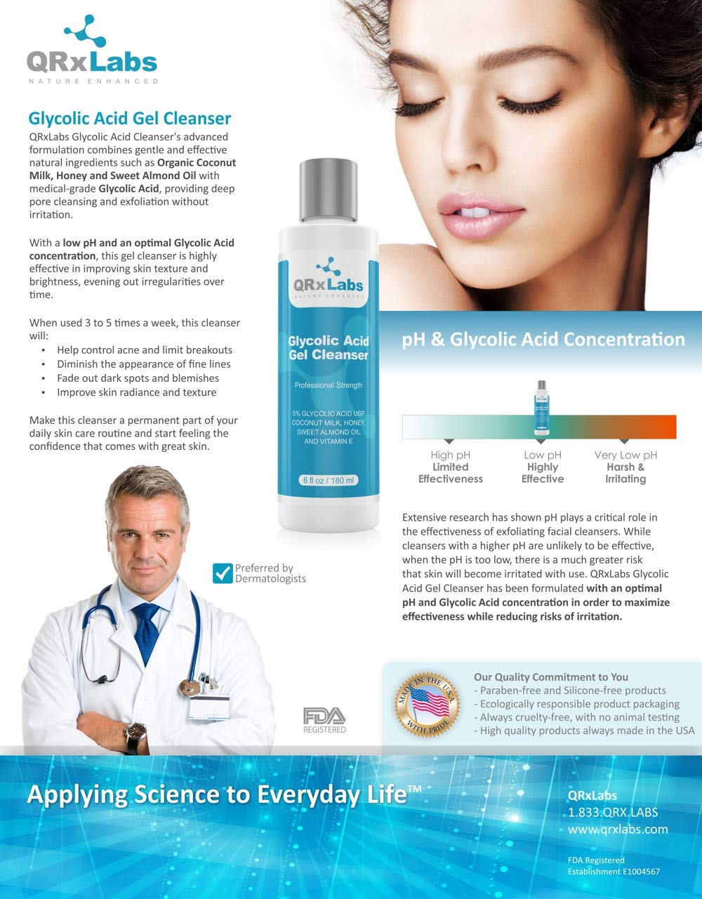 QRxLabs Glycolic Acid Face Wash - Exfoliating Gel Cleanser for Acne & Anti-Aging - 6 Fl Oz - Model C-GLYC-6