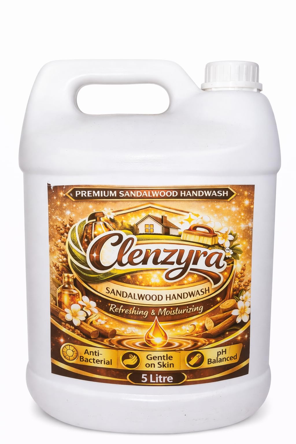 Clenzyra Sandalwood Handwash, Liquid Gel, 5 Litre, Moisturizing & Ph Balanced, LongLasting Fragrance, Bulk Refill Pack