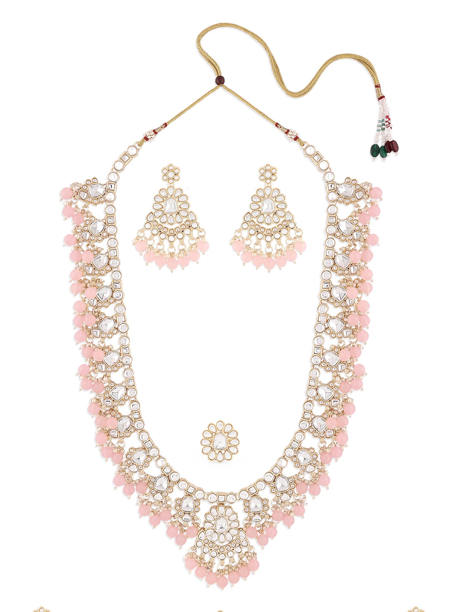 Zaveri Pearls Pink Dazzling Kundan & Beads Ethnic Long Bridal Necklace Earring & Ring Set For WomenZpfk21757