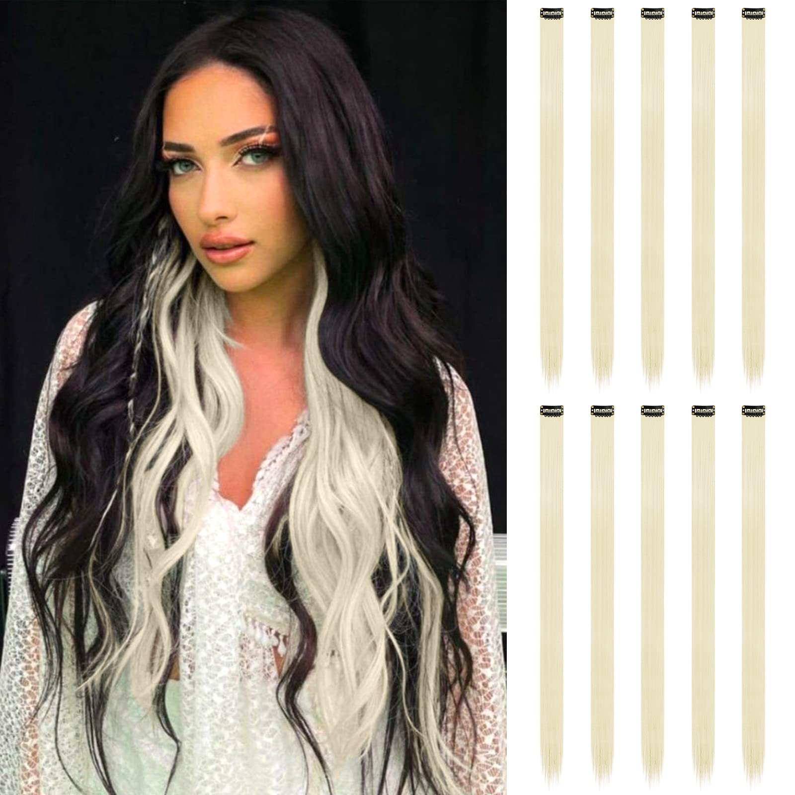 FESHFEN Colored Hair Extensions, Platinum Blonde Clip in Hair Extension 10 PCS Highlight Colorful Hair Piece Straight Synthetic 
