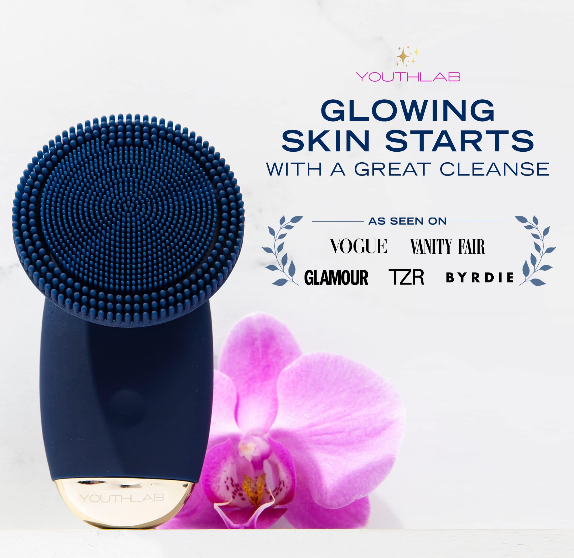 Youthlab Soniglow, Navy, Silicone Facial Skin Cleansing Brush, Electric, Vibrating, Scrubber, Hygienic, Exfoliation, Massage, Fi