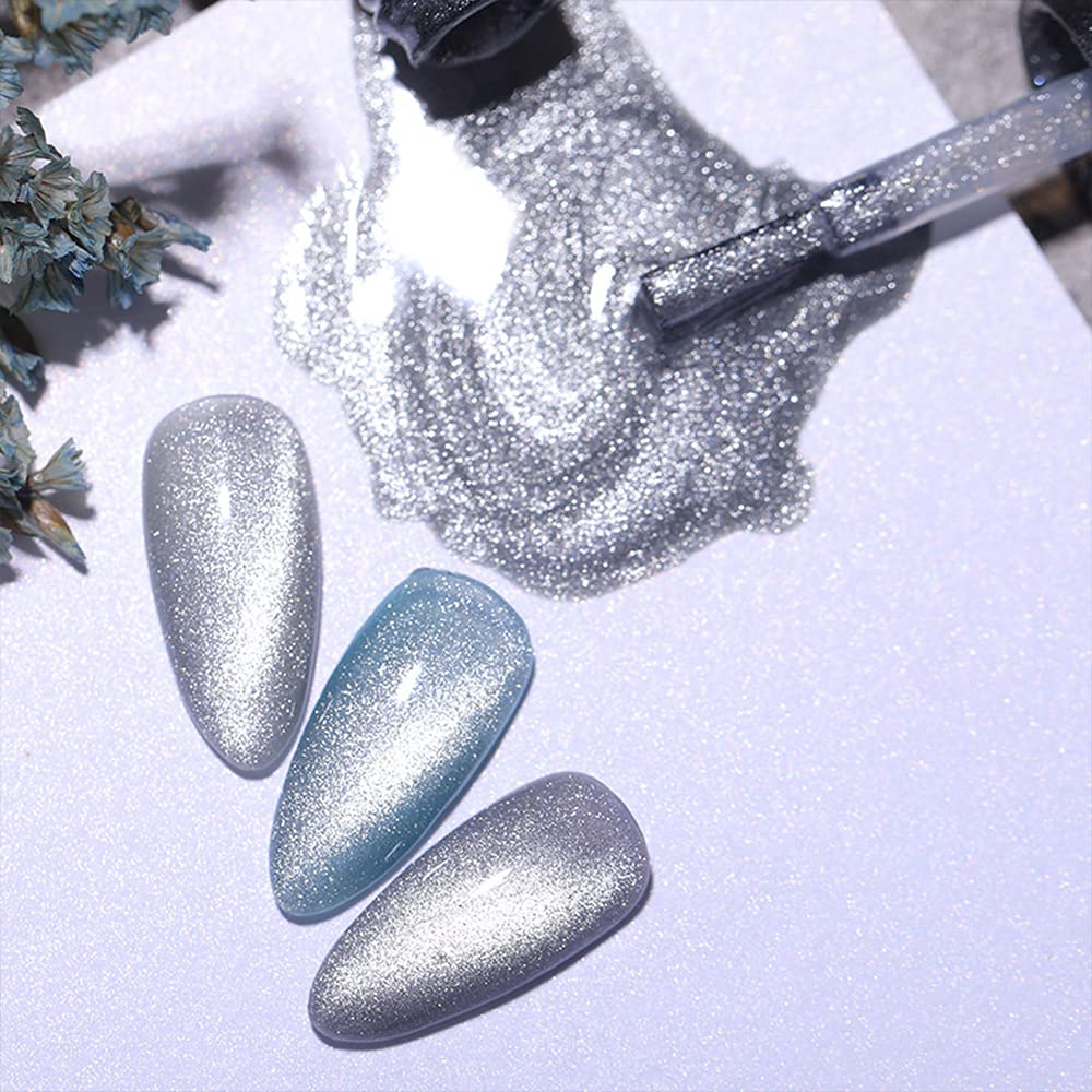 Mizhse 10Ml Universal Cat Eye Gel Nail Polish Bright Silver Uv Gel Nail Polish Glitter Nail Art Varnish With Magnetic (Sliver)