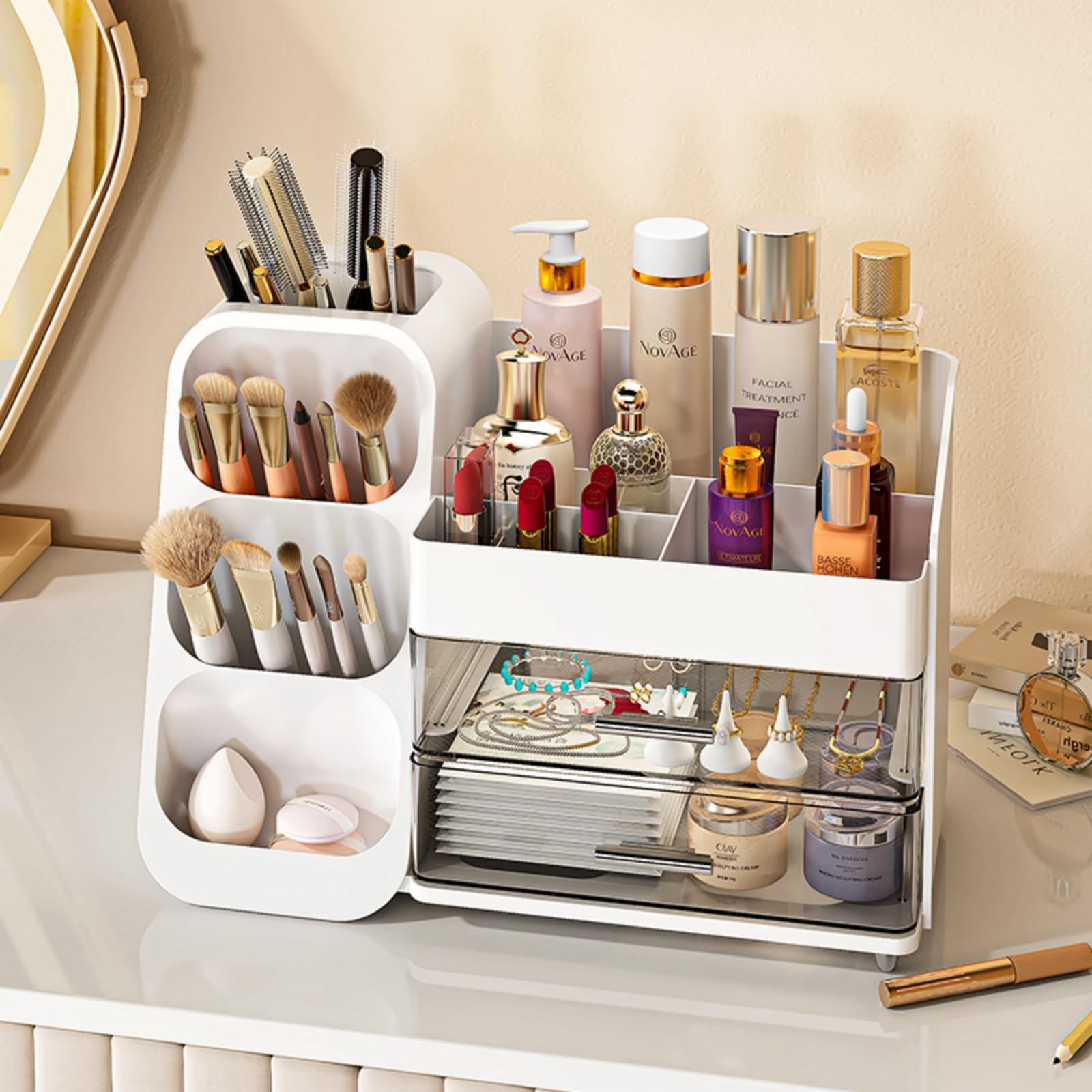 Kqjs Makeup Organizer With Drawers,Large Capacity Countertop Organizer For Vanity,Bathroom And Bedroom Desk Cosmetics Organizer,