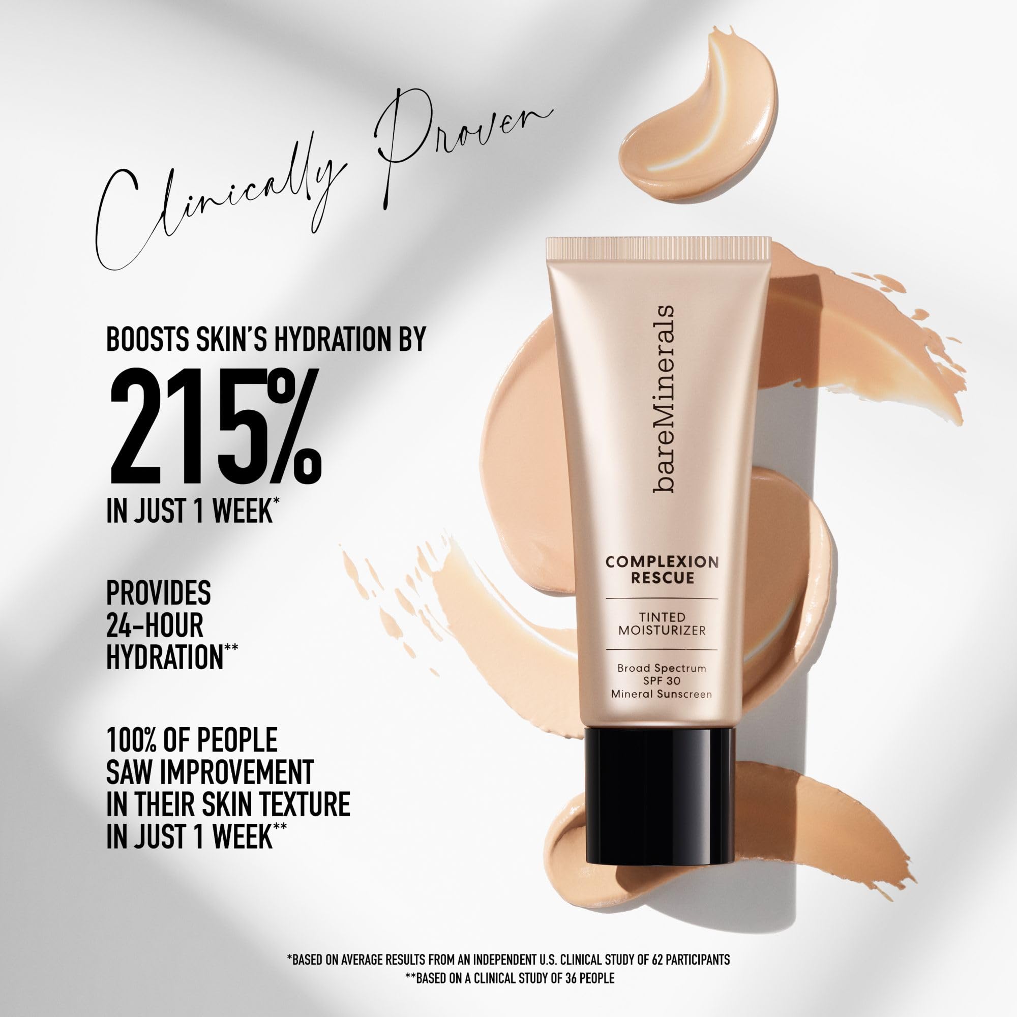 bareMinerals Complexion Rescue Tinted Moisturizer for Face with SPF 30, Vegan Tinted Mineral Sunscreen with Hyaluronic Acid, Min