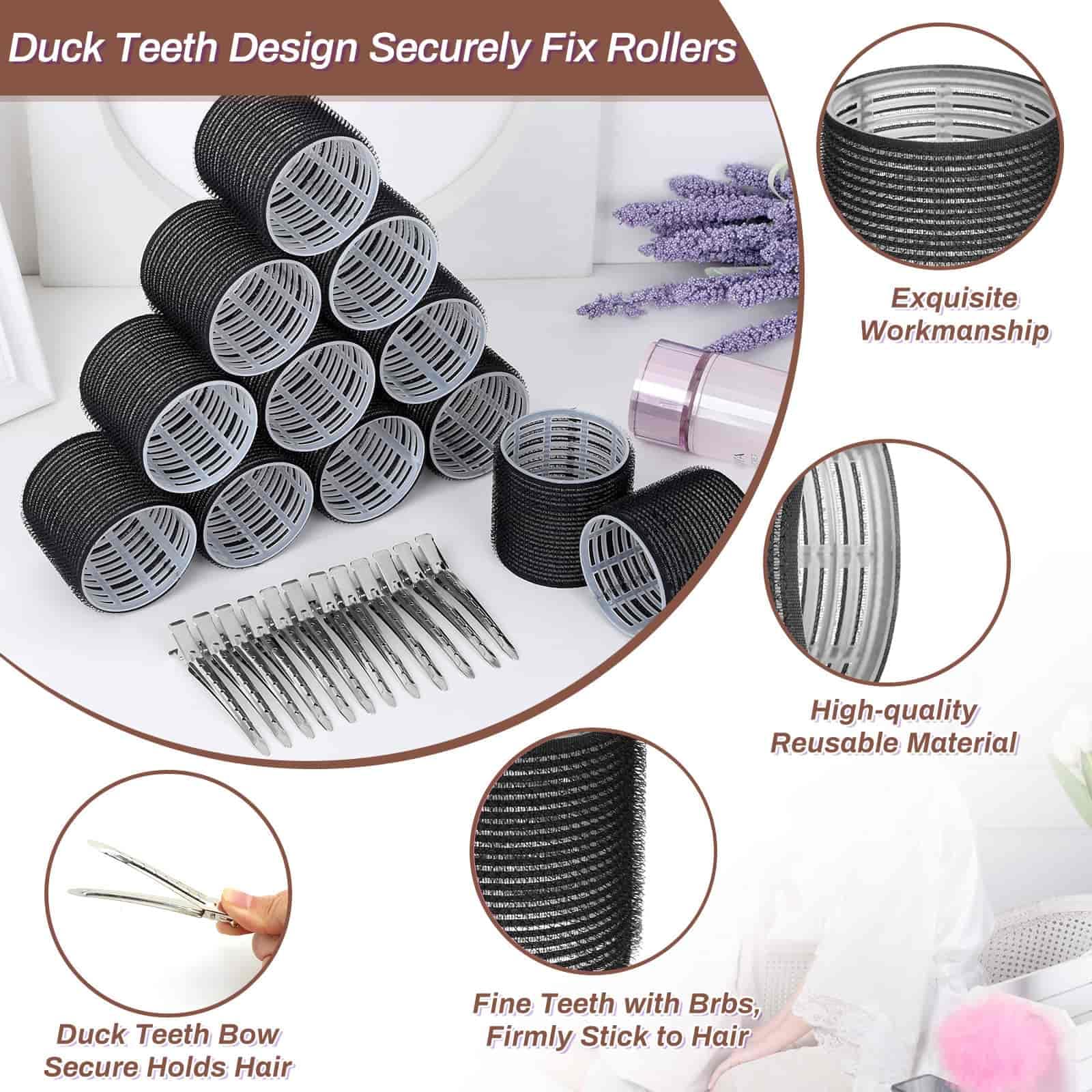 Large Hair Rollers Set - 24 Pieces With 12 Jumbo Rollers And 12 Clips For Long Thick Hair Volume (Black)