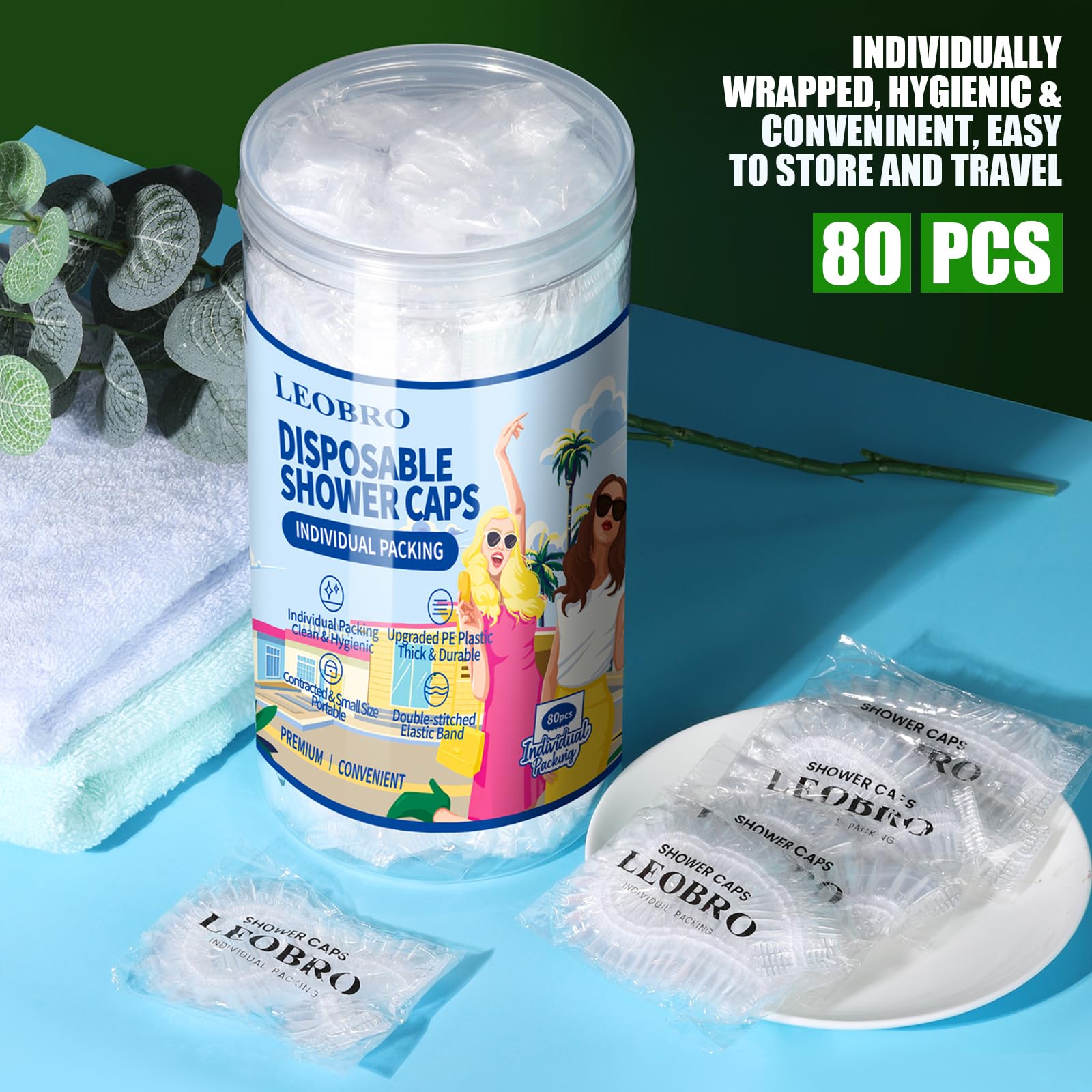 Leobro Individually Wrapped Disposable Shower Caps, Shower Caps, Large Plastic Shower Caps For Women Disposable, Clear Shower Ca