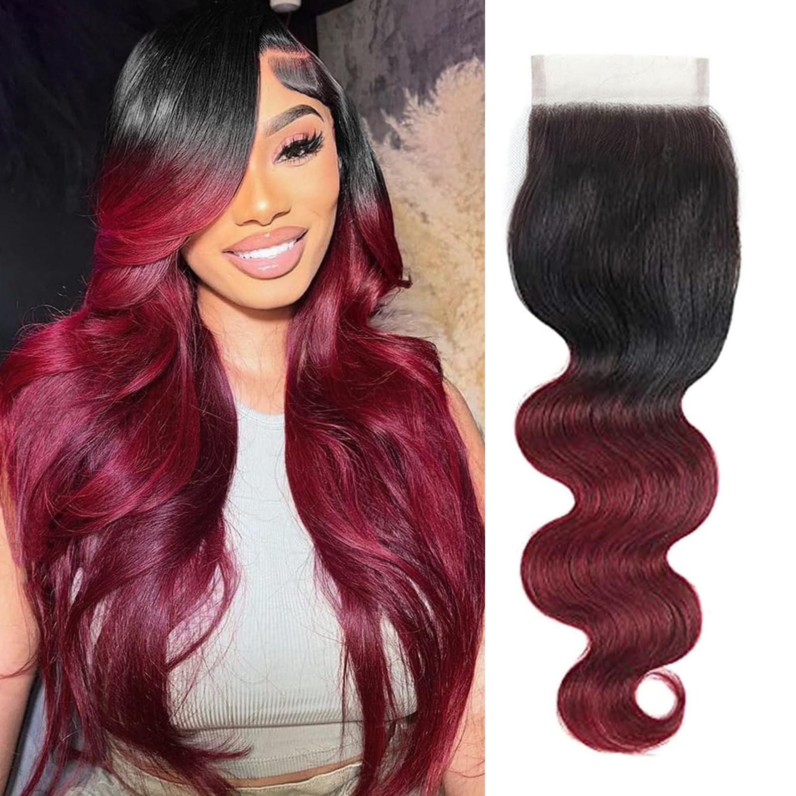 1b/99j Closure 4x4 Transparent Lace 1b/99j Ombre Hair Burgundy Closure With Baby Hair Brazilian Virgin Real Human Hair High Dens