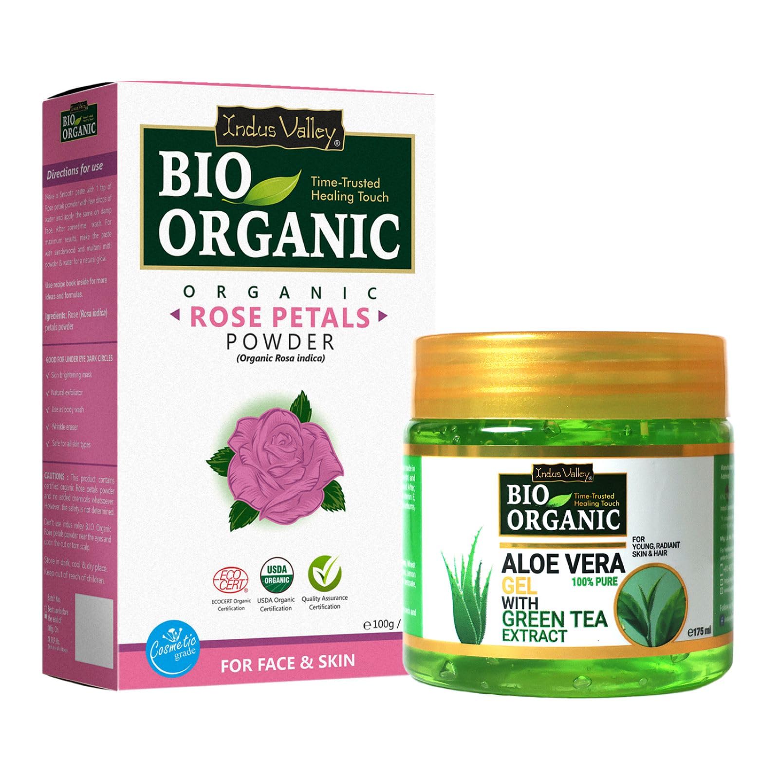 Indus Valley 100% Organic And Pure Combo Rose Petal Powder | Rosa Indica - & Non-Toxic Aloe Vera Gel For Skin Care And Hair Care