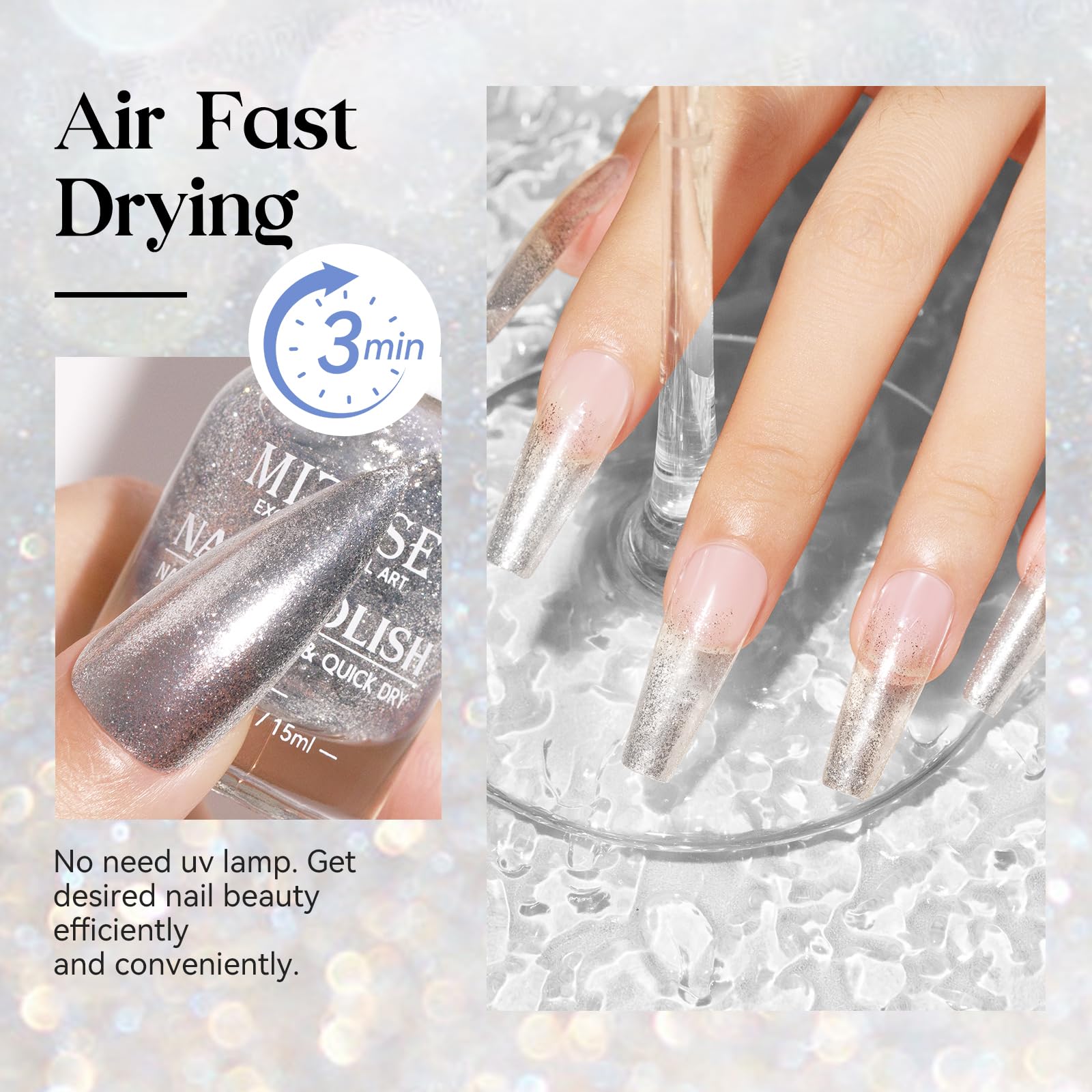 Mizhse Glitter Nail Polish, Metallic Silver Nail Polish Air Dry Fast, 15Ml High Glossy Sparkle Shiny Nail Pigment Water-Based Ch