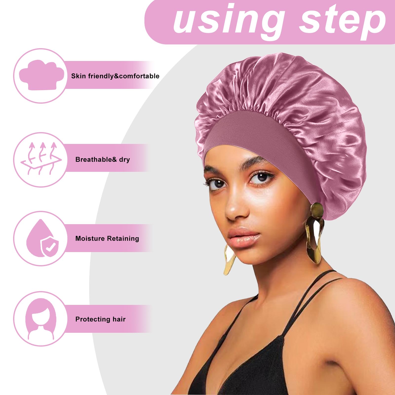 4Pcs Silk Bonnet For Sleeping,Hair Wrap Satin Bonnets Shower Cap For Black Women Men, Elastic Wide Band Hair Bonnet Cap For Slee