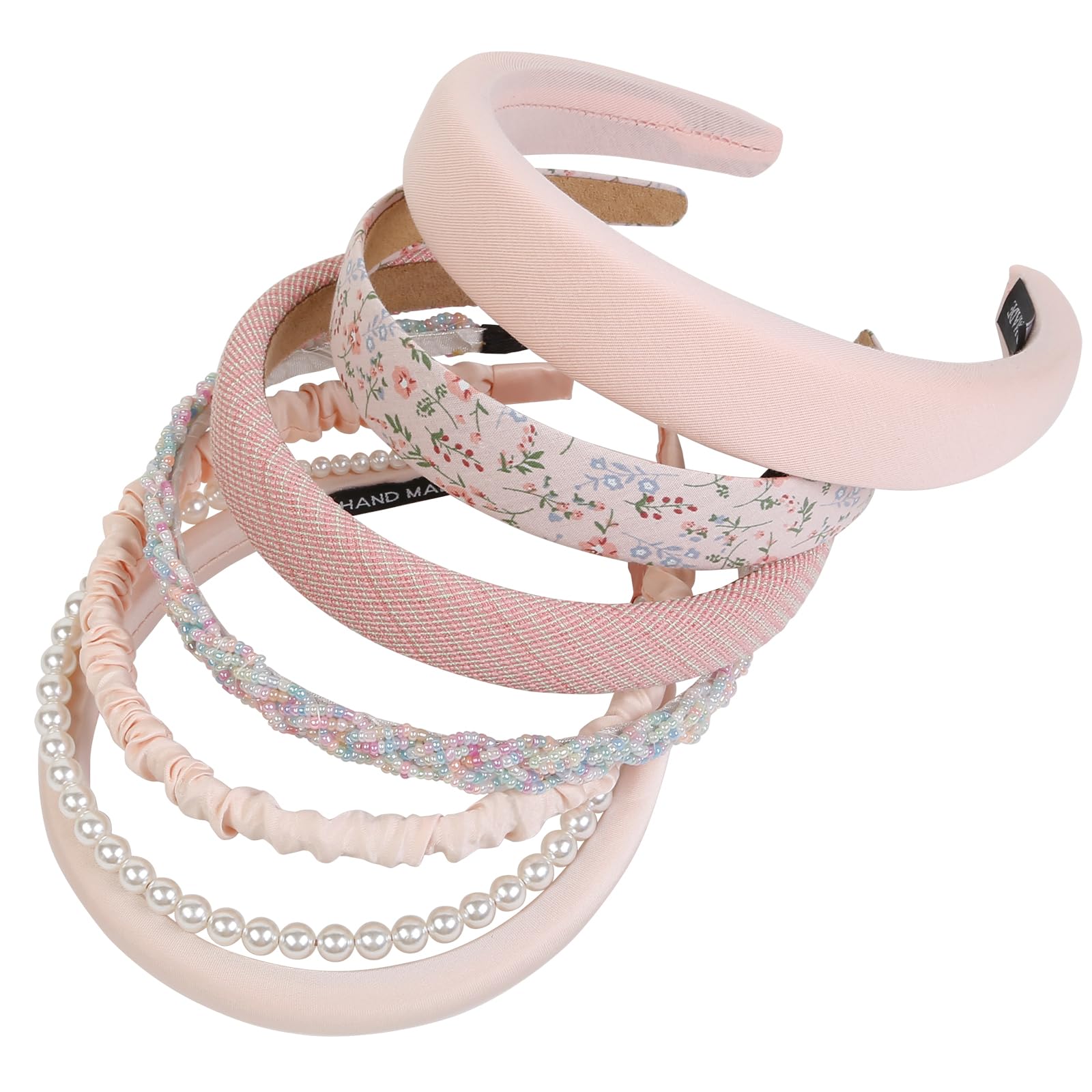 WOVOWOVO 6 Pieces Headbands for Women,Non Slip Pearl Headband Flower Head Bands Cute Head Band Wide Hairbands for Girls,Pink Hai