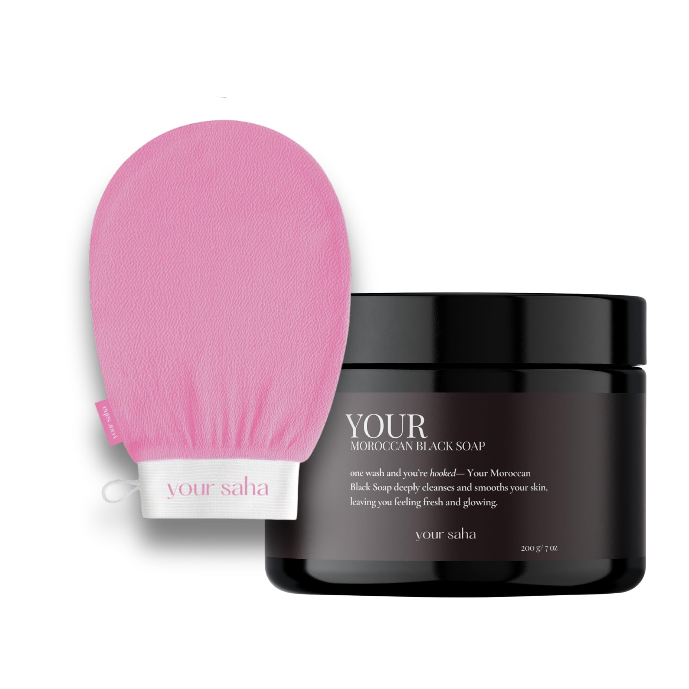 Your Moroccan Exfoliation Duo  Set includes Your Moroccan Black Soap & Your Kessa Exfoliating Glove in Mocha Chocolate for Dead