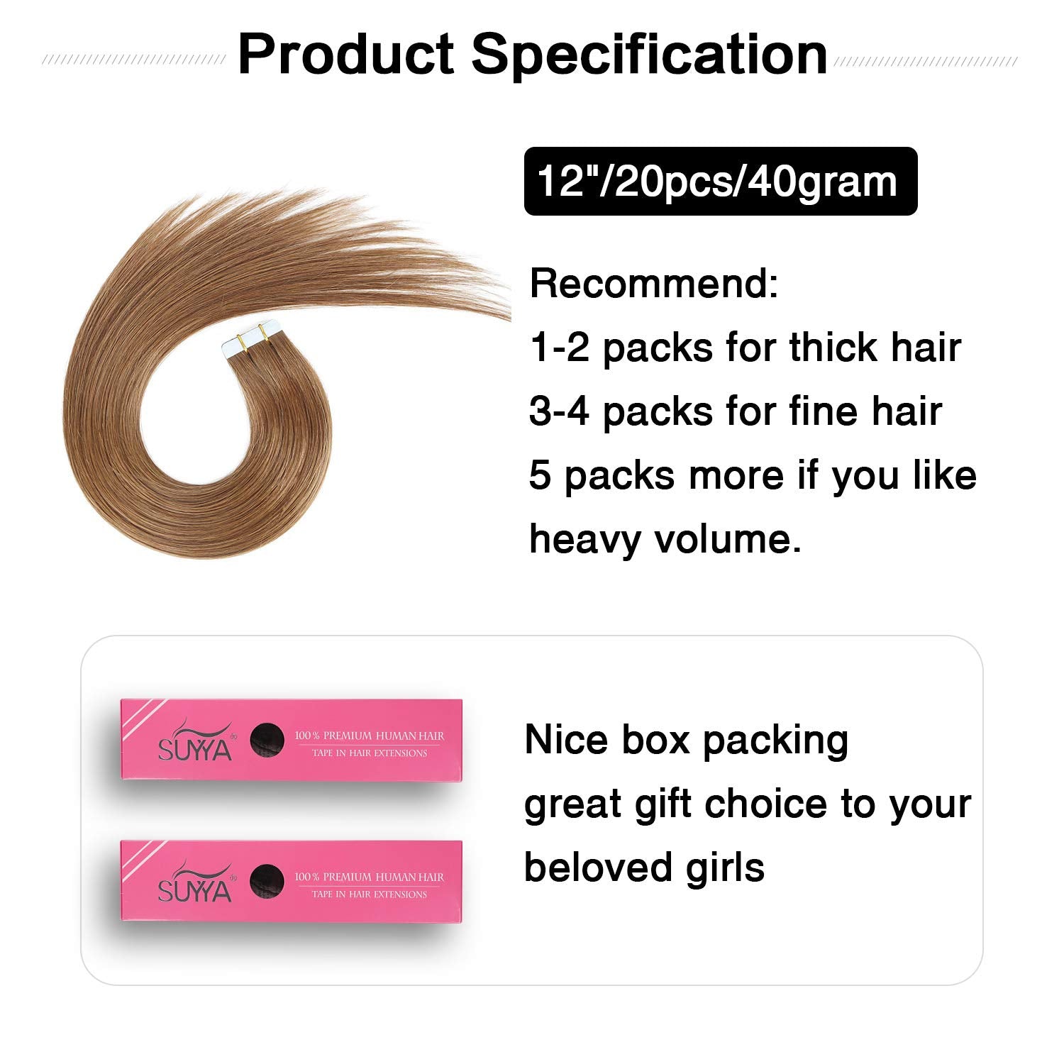 Suyya Tape In Hair Extensions Light Brown 100% Real Human Hair 12Inches 20Pcs 40G/Pack Straight Seamless Skin Weft Tape In Remy