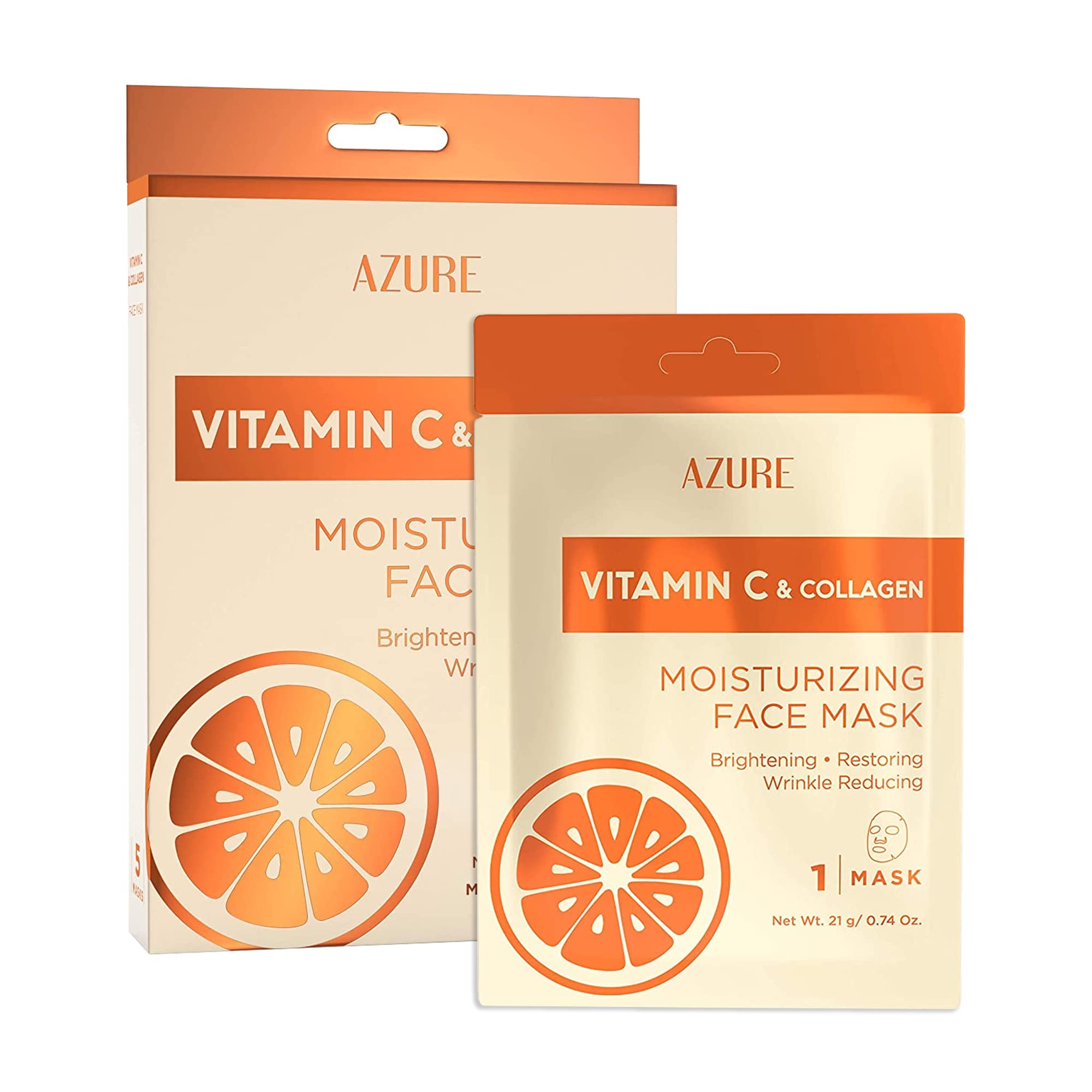 AZURE Vitamin C & Collagen Moisturizing Facial Sheet Mask- Anti Aging, Deeply Moisturizing & Firming - Brightening Mask, Improve