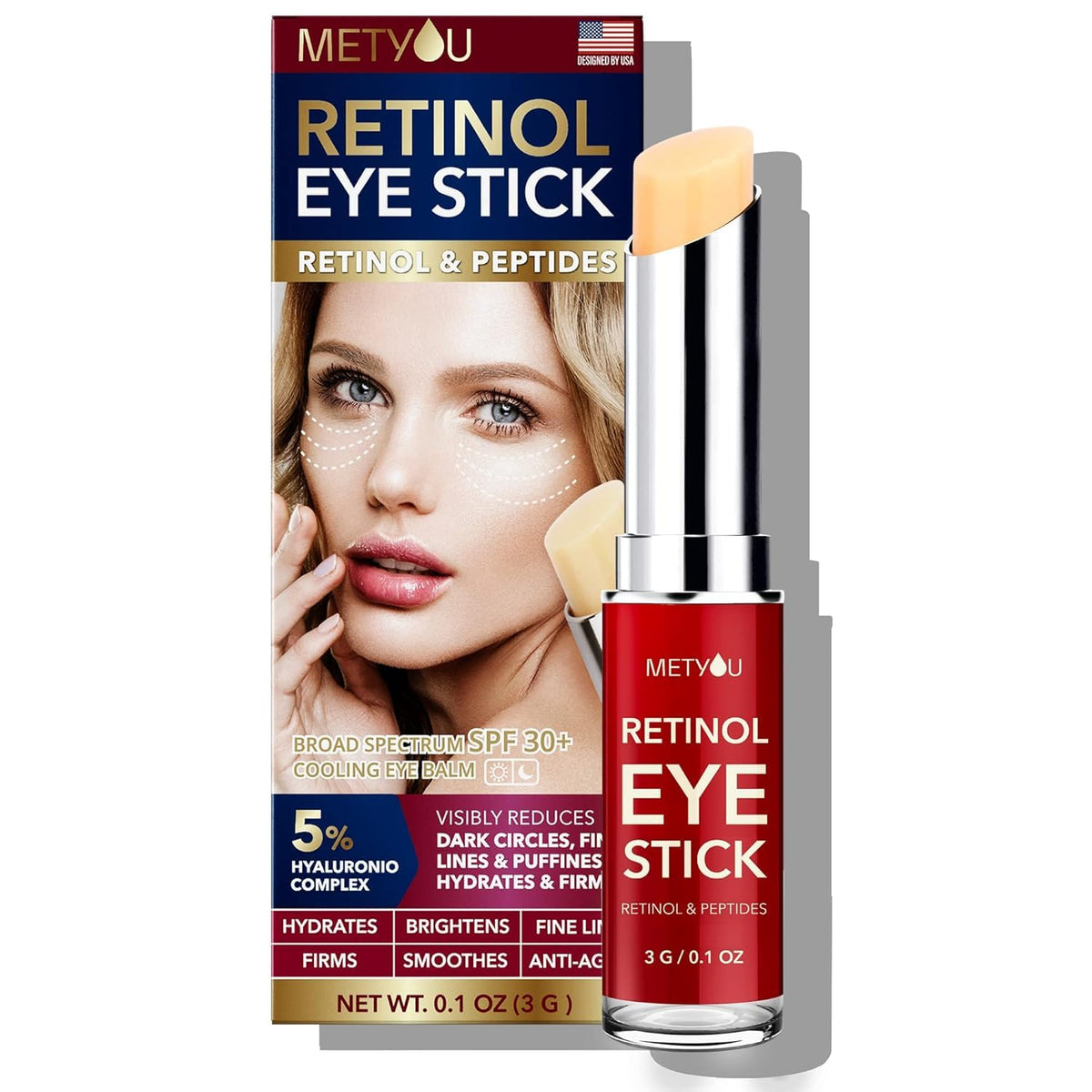 Metyou Retinol Eye Stick,Cooling&Brightening Cream Firms & Hydrates for Dark Circles,Puffiness Bags,PEPTIDES 5% Hyaluronic Acid 