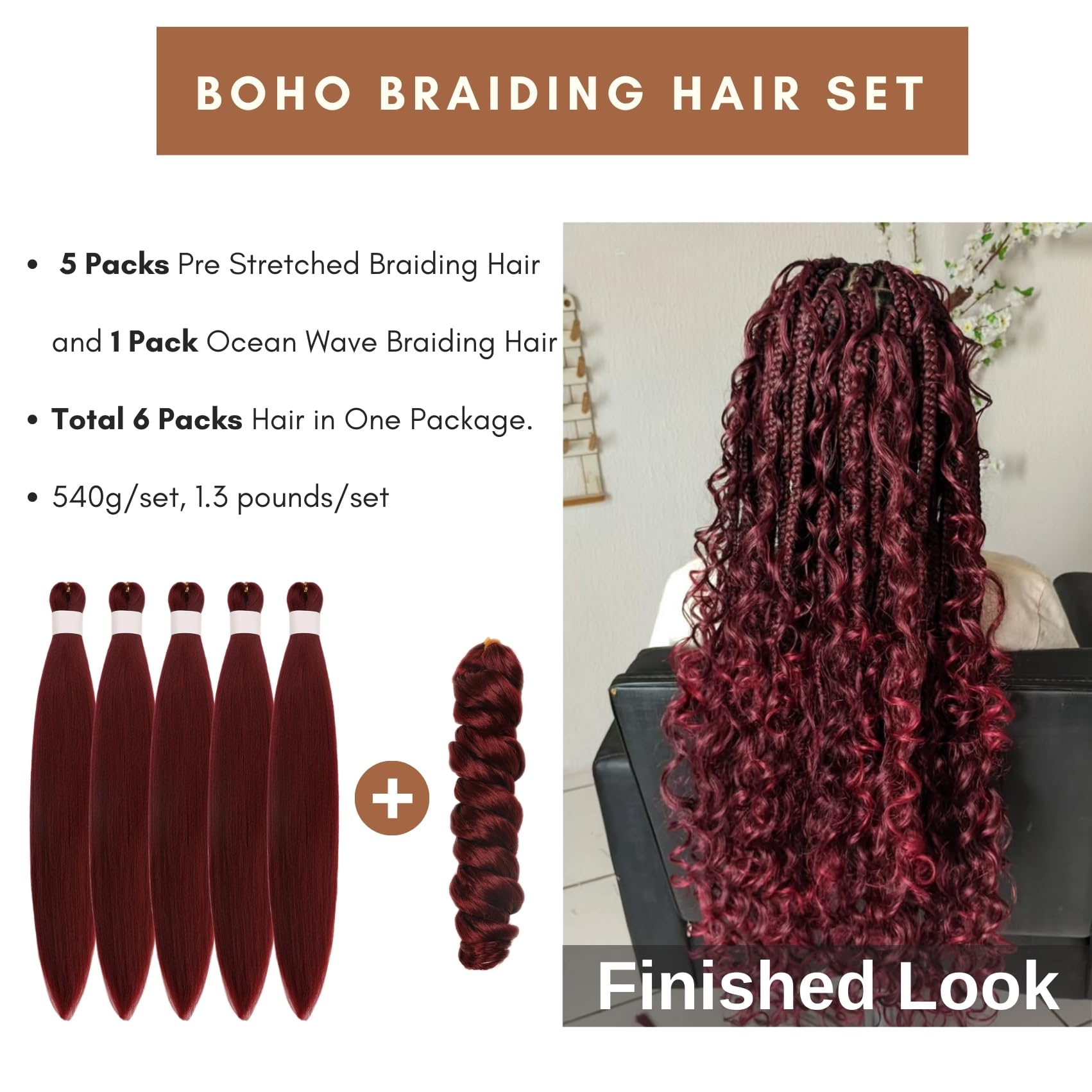 Burgundy Braiding Hair Pre Stretched Knotless Braiding Hair for Boho Braids Ocean Wave Boho Hair Extensions for Braiding (6 Pack