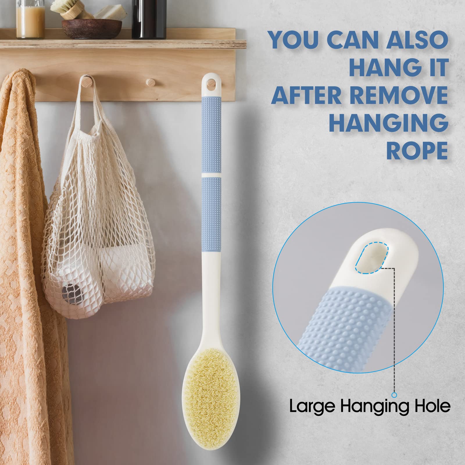 Back Scrubber Anti Slip For Shower,Back Brush Long Handle With Stiff And Soft Bristles,Body Exfoliator For Bath Or Dry Brush(Blu
