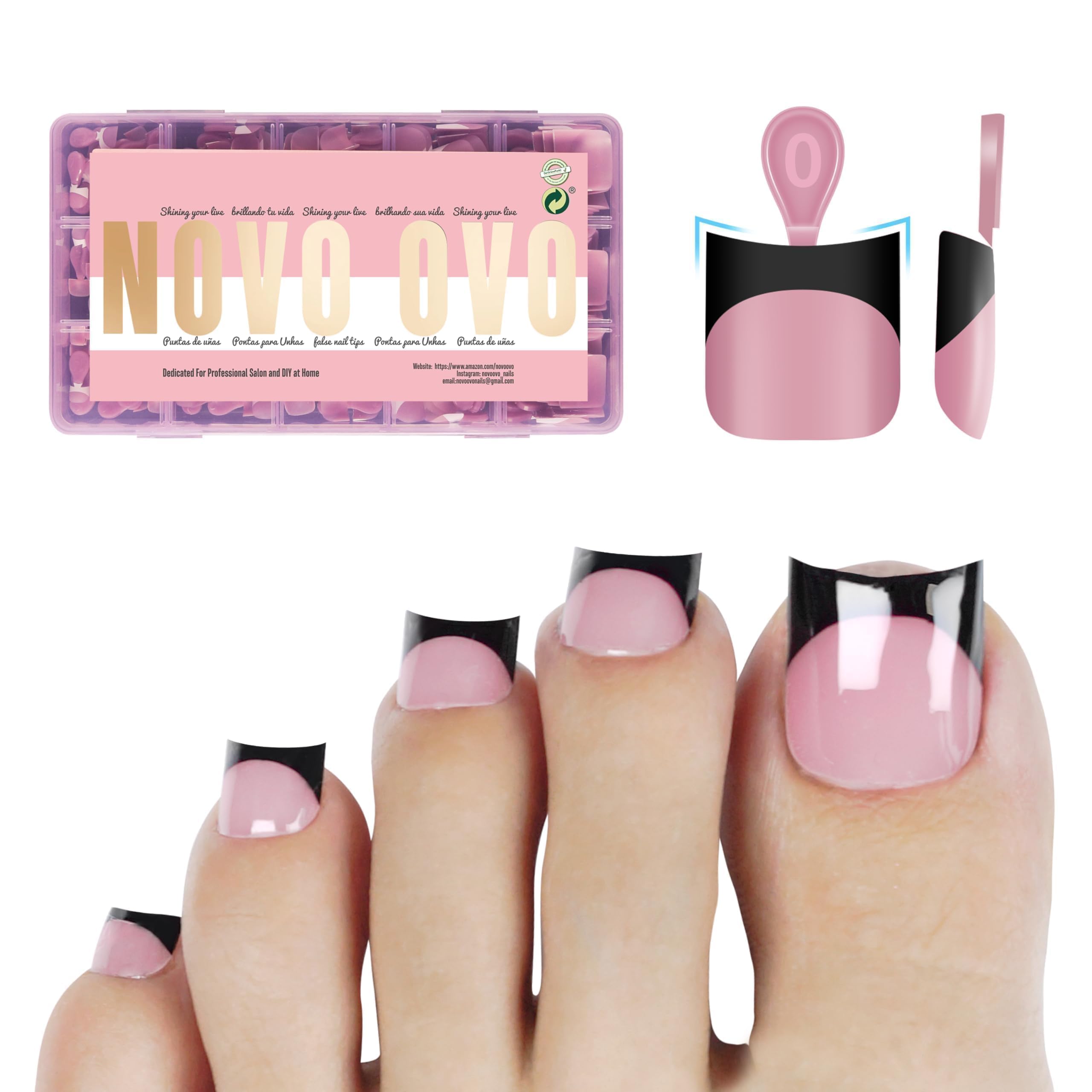NOVO OVO Halloween Black French Tip Short Toe Nail Tips Press on with Moon Curve, BERRY PINK Thick Sharp Square Toenail Extensio