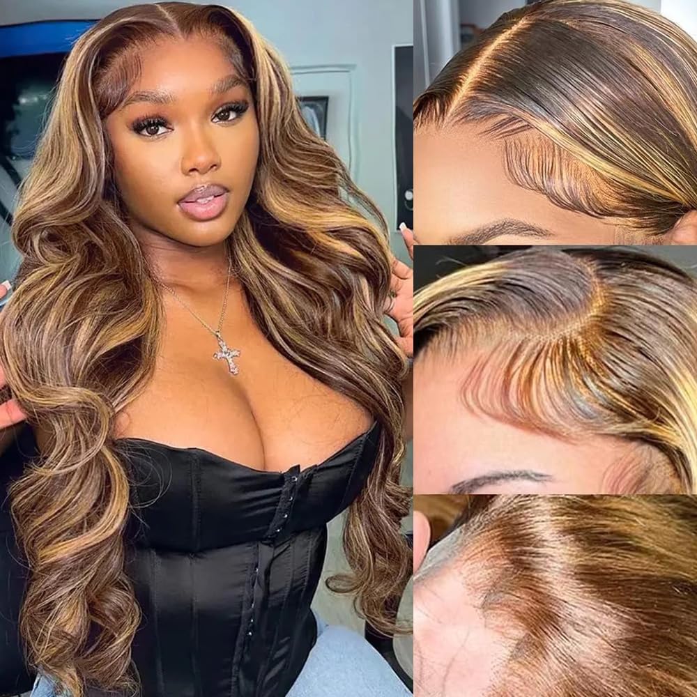 34 Inch Ombre Highlight Lace Front Wigs Human Hair Body Wave 13X4 4/27 Ombre Honey Blonde Wig Human Hair Wear and Go Glueless Hi