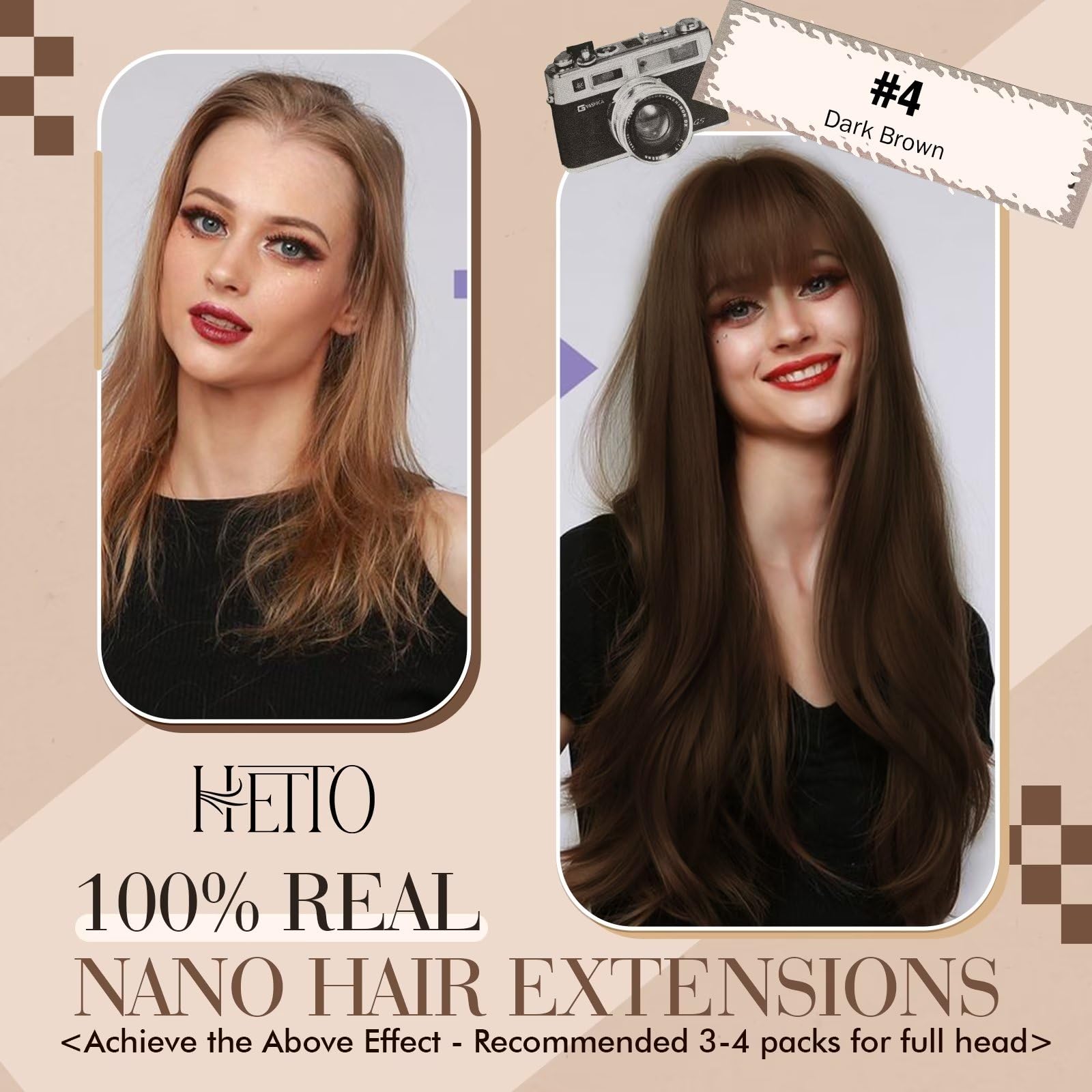 Hetto 20 Inch Nano Beads Brown Hair Extensions Real Human Hair Nano Ring Hair Extensions #4 Dark Brown Nano Link Human Hair Exte