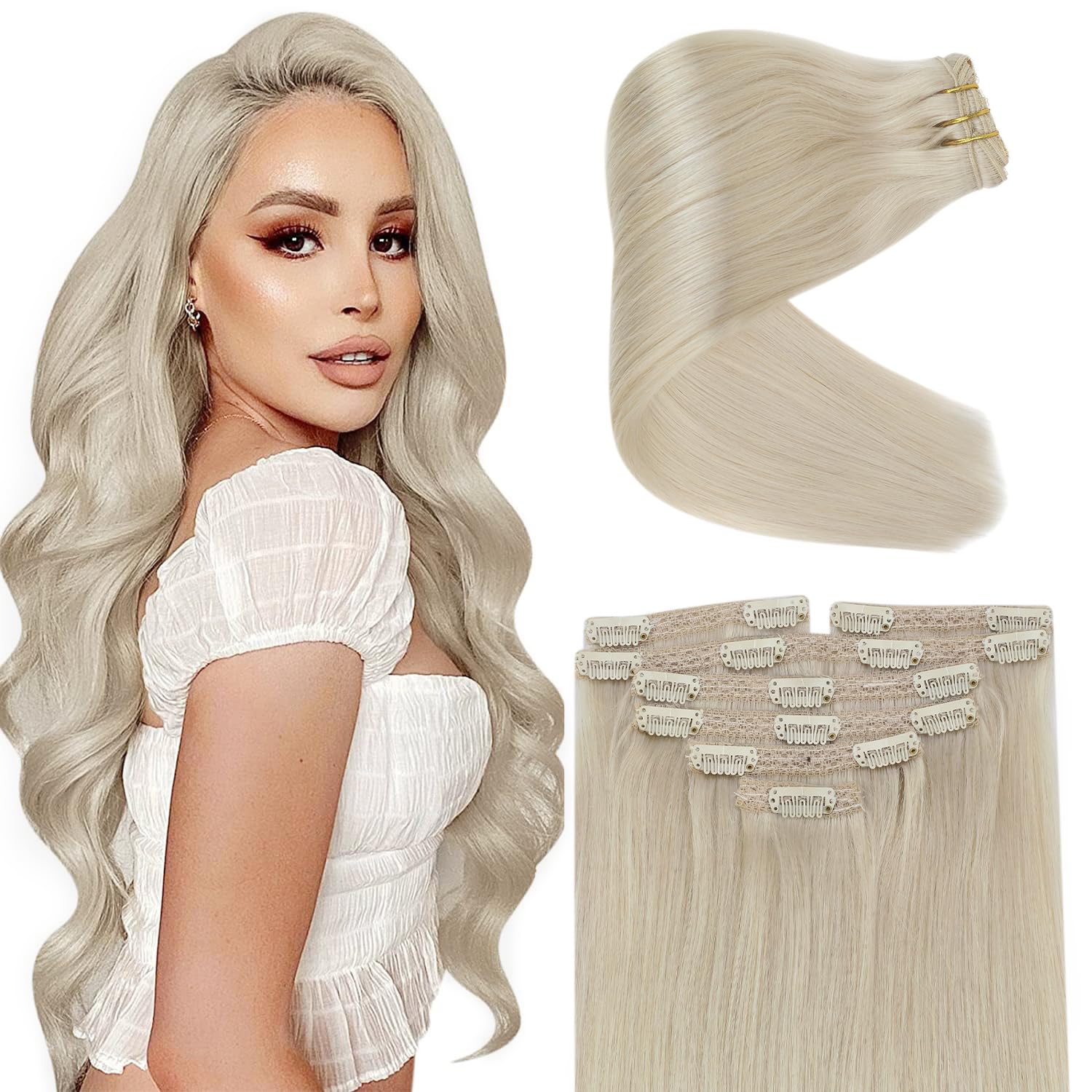 Sunny Clip in Hair Extensions Real Human Hair Blonde Clip on Hair Extensions Platinum Blonde Hair Extensions Clip in Human Hair 