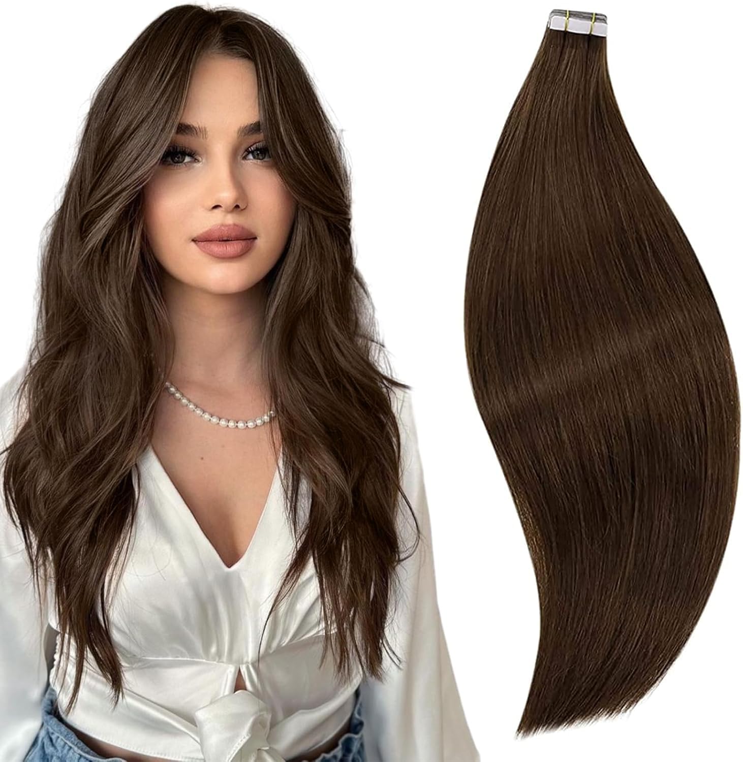 RUNATURE Brown Human Hair Tape in Extensions 14 Inch Brazilian Straight Tape in Remy Hair Extensions Skin Weft Glue in Extension