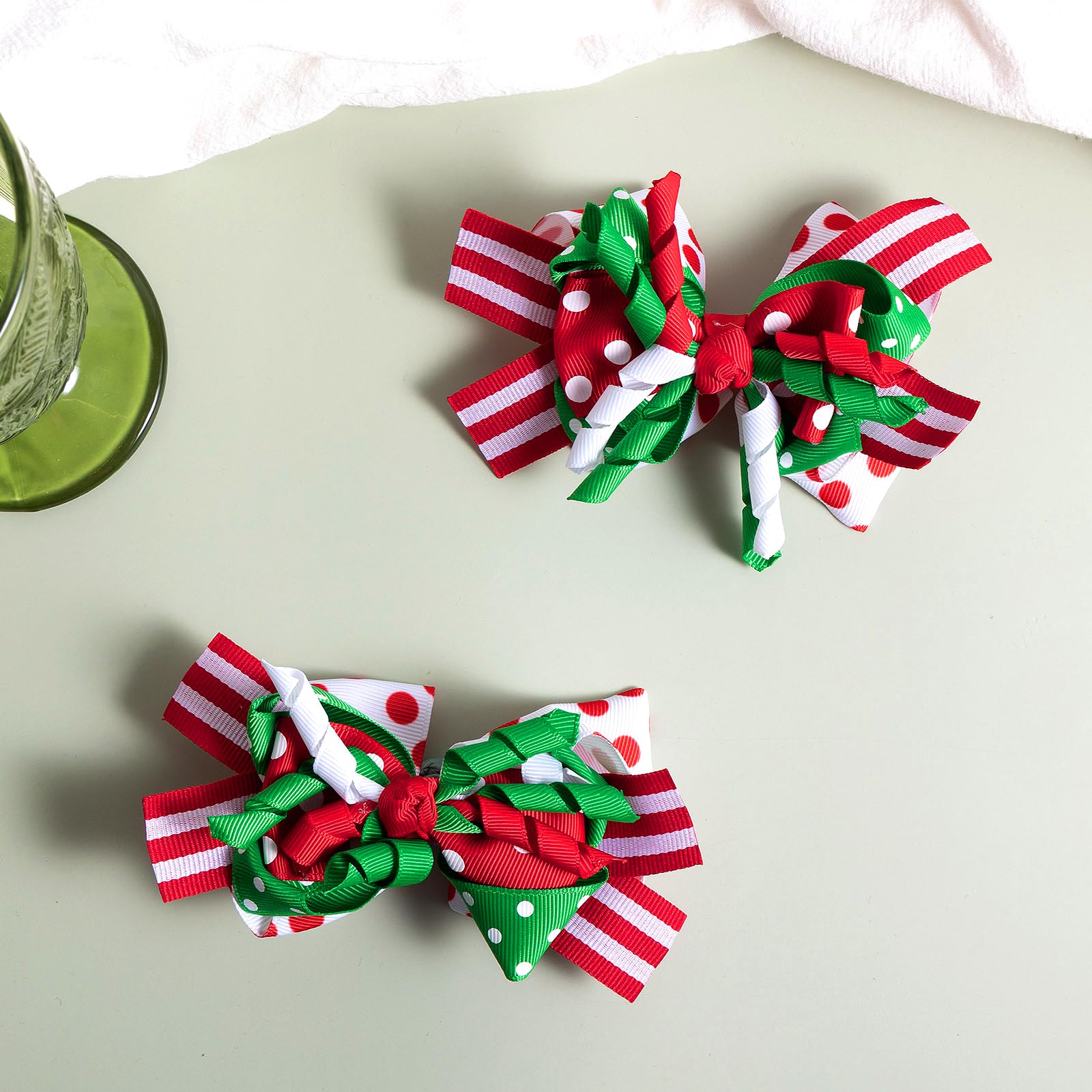 Christmas Curly Bow Hair Clips 5'' Red White Green Ribbon Striped Cheer Bow Barrette Holiday Polka Dot Alligator Pins Toddler Gi