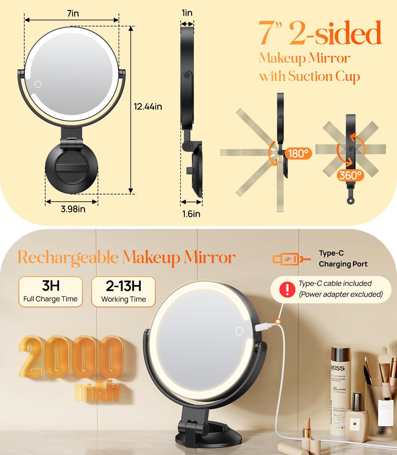 Gospire 7    Wall Mounted Makeup Mirror With Powerful Suction Cup, Double Sided 1X/10X Magnification, 3 Color Lights And Adjusta