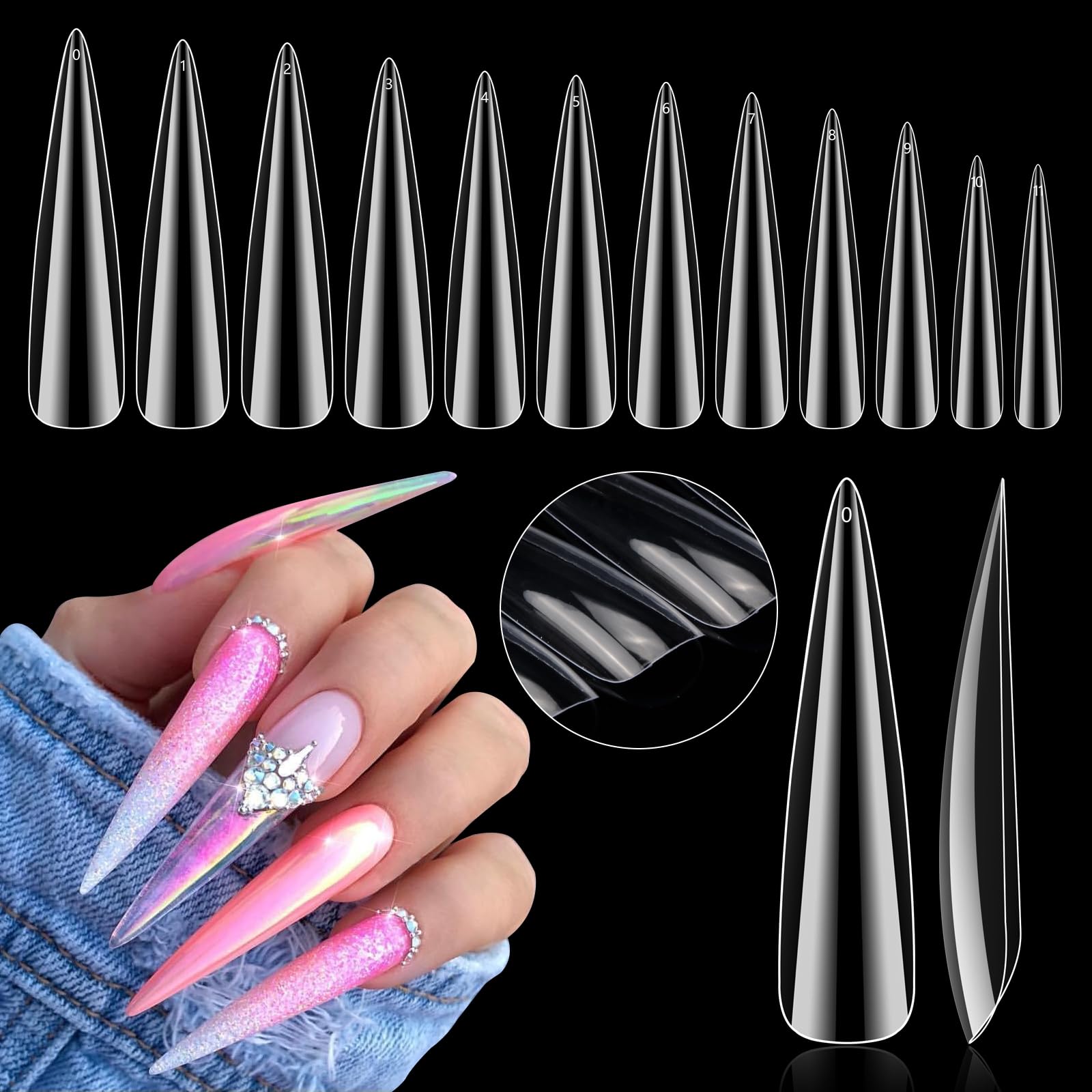 504Pcs 3Xl Stiletto Nail Tips, Full Cover Clear Nail Tips For Acrylic Nails Professional, 12 Sizes Tapered Square Acrylic Full N